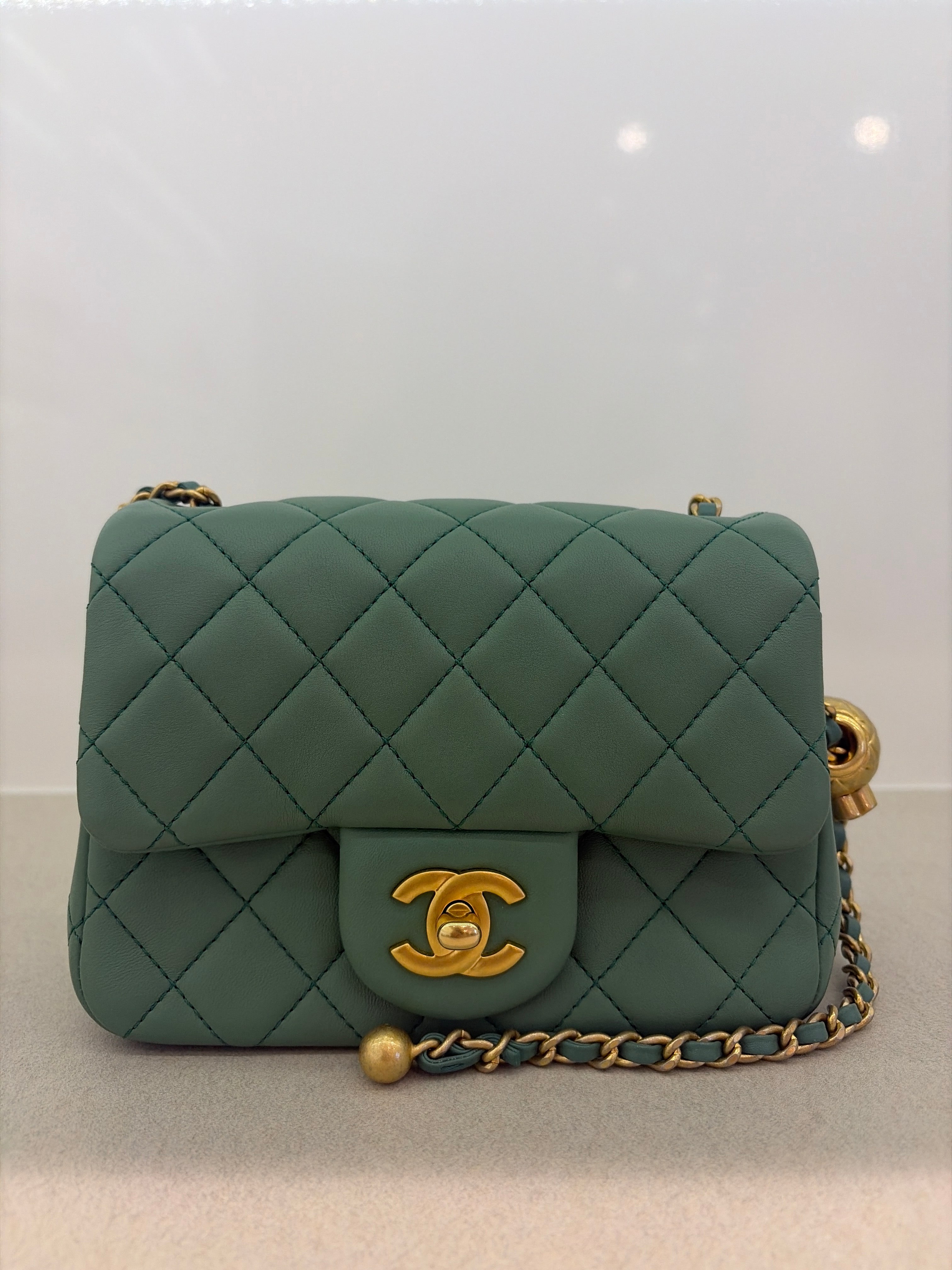 Chanel Mini Square Pearl Crush | Green Lambskin | Brushed Gold Hardware | Microchip | Excellent