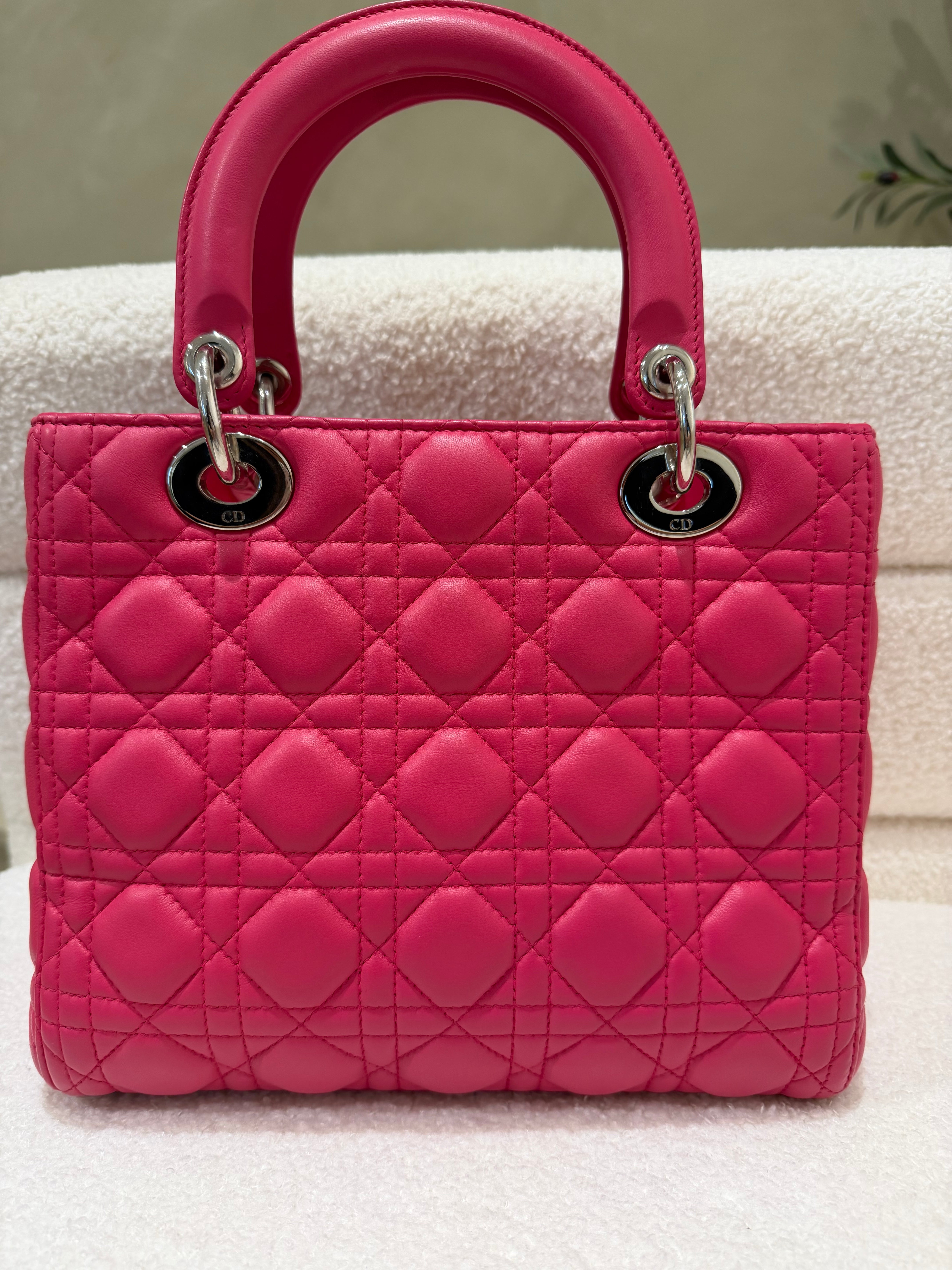 Dior Lady Dior | Medium | Fuchsia Pink Lambskin | Silver Hardware | Excellent