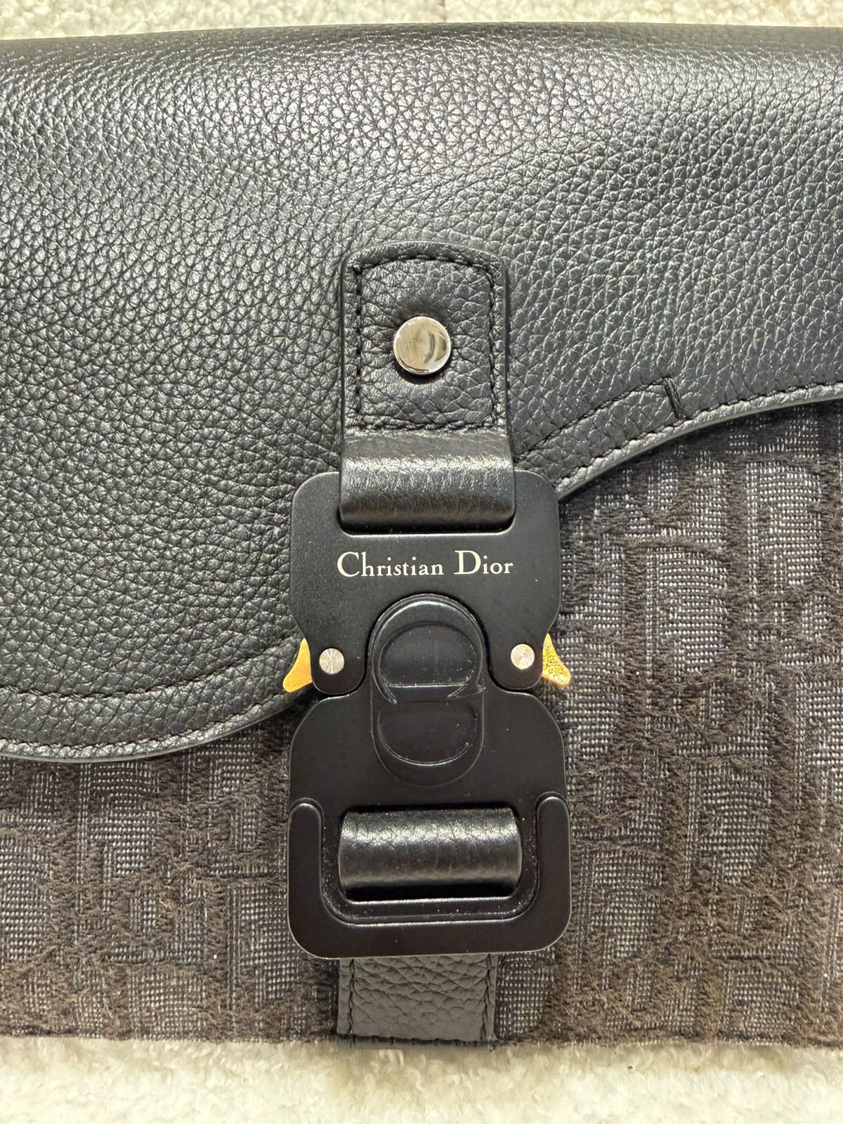 Dior Oblique Jacquard Grained Calfskin Saddle Pouch With Strap | Black | Good Condition