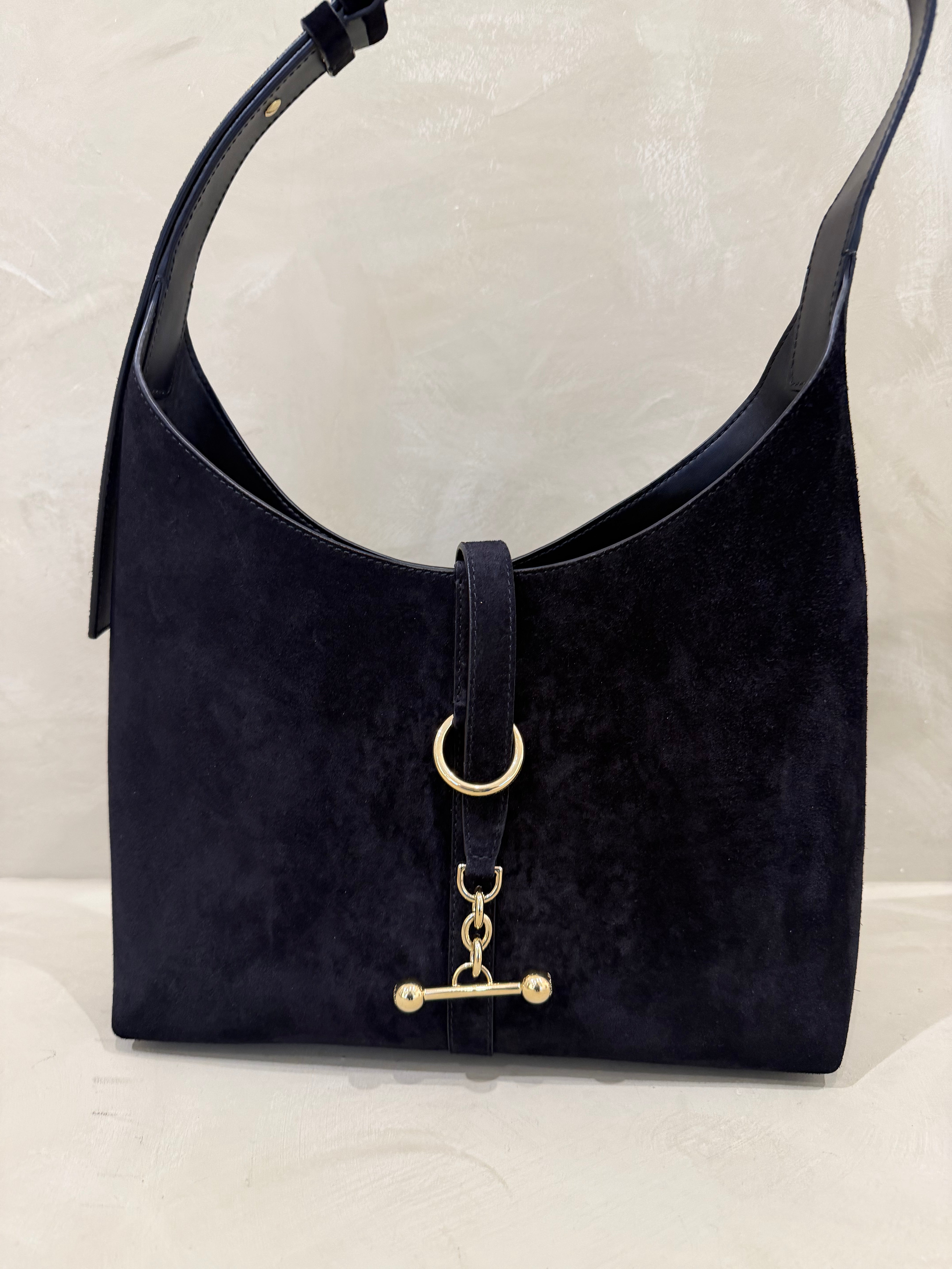 Strathberry Kite Black Suede Tote / Hobo Shoulder Bag with Gold Hardware