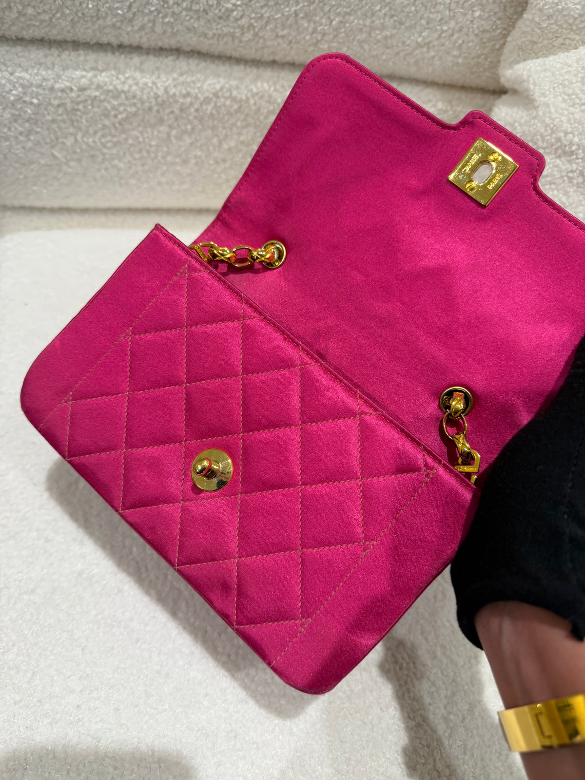 Chanel Pink Satin Quilted Flap Bag Gold Hardware |
