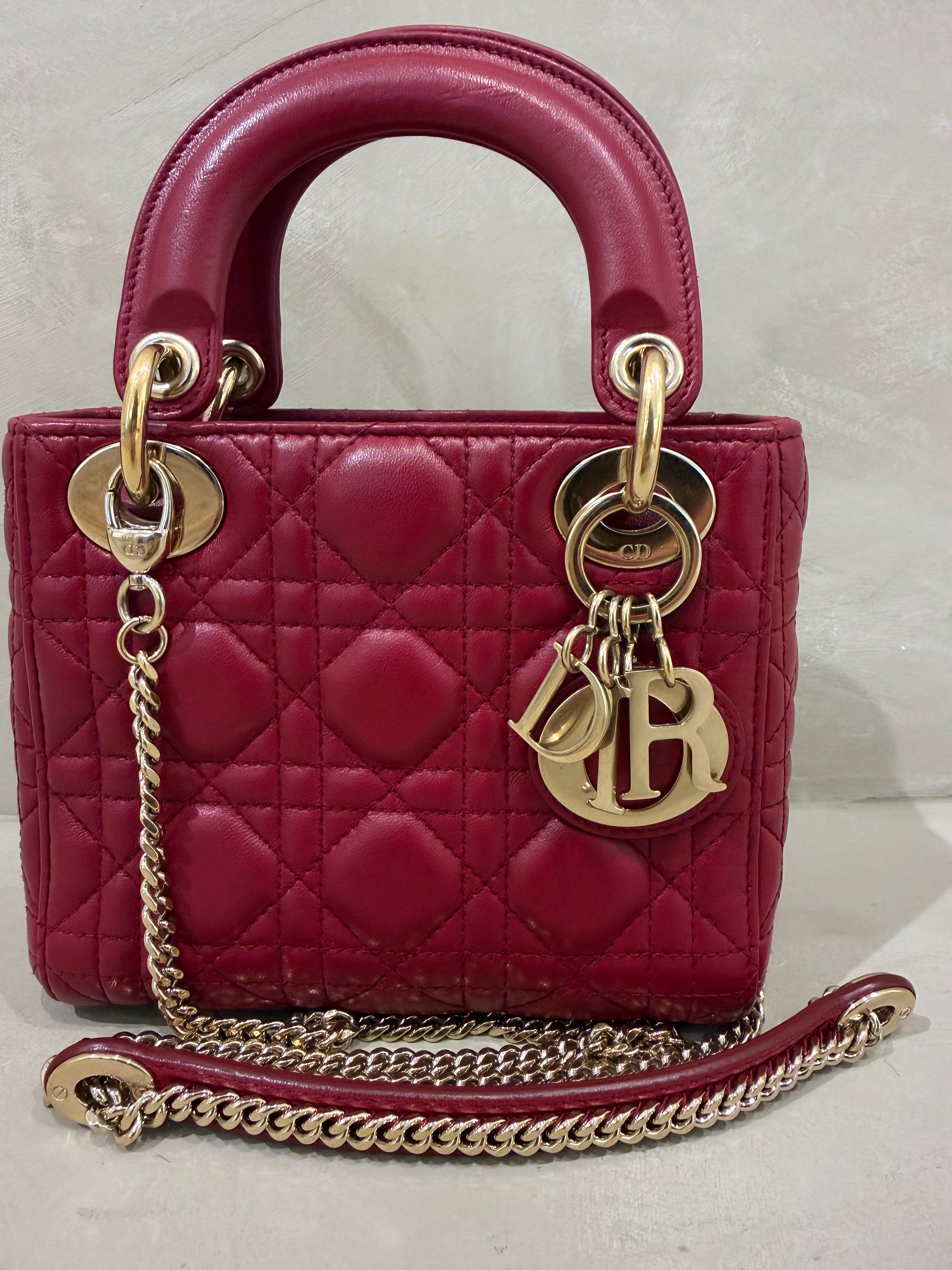 Dior Lady Dior Mini | Deep Red Lambskin | Gold Hardware | Very Good