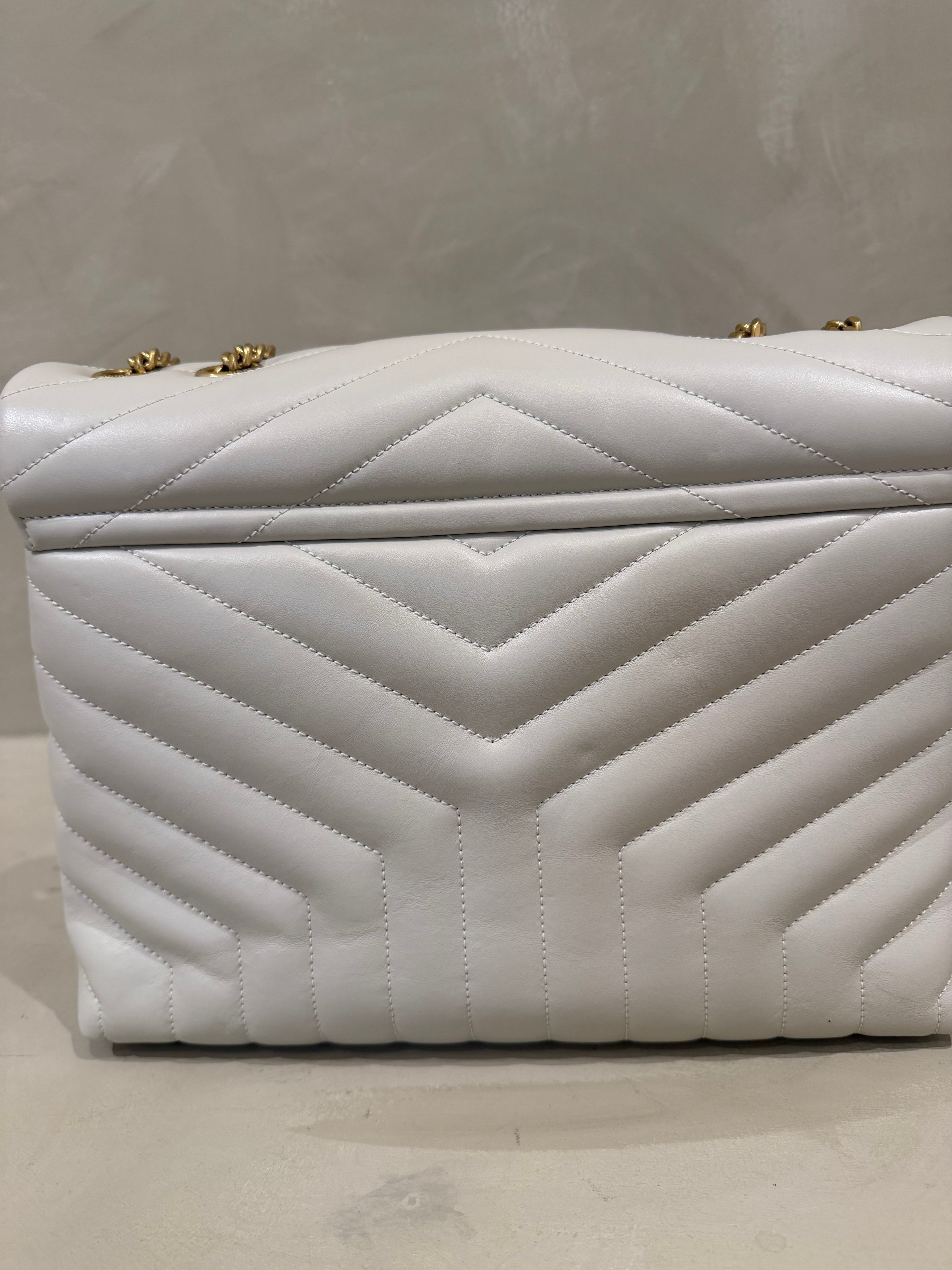 Saint Laurent Loulou Large Cream Quilted Leather Shoulder Bag with Gold Hardware