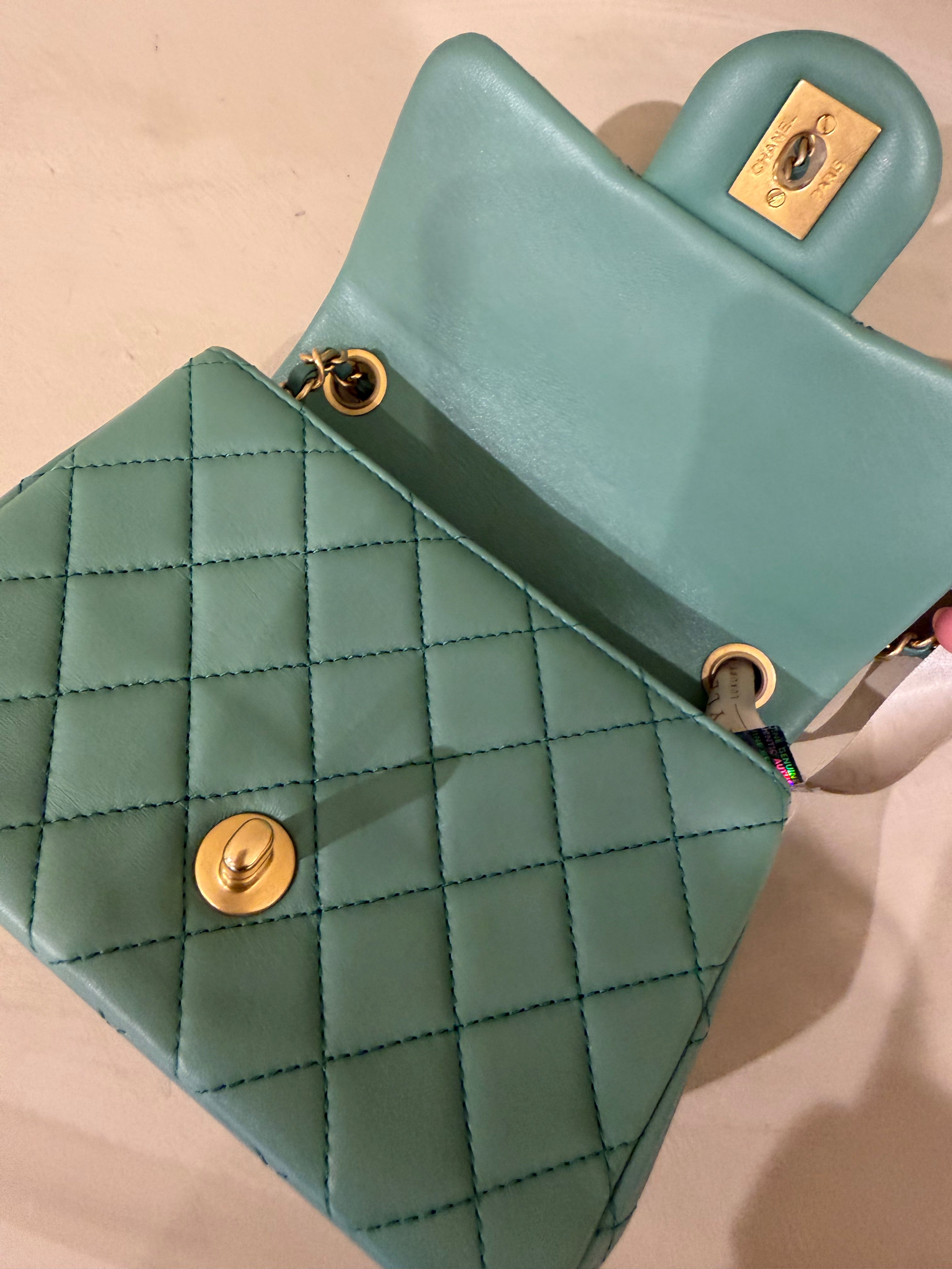 Chanel Mini Square Pearl Crush | Green Lambskin | Brushed Gold Hardware | Microchip | Excellent