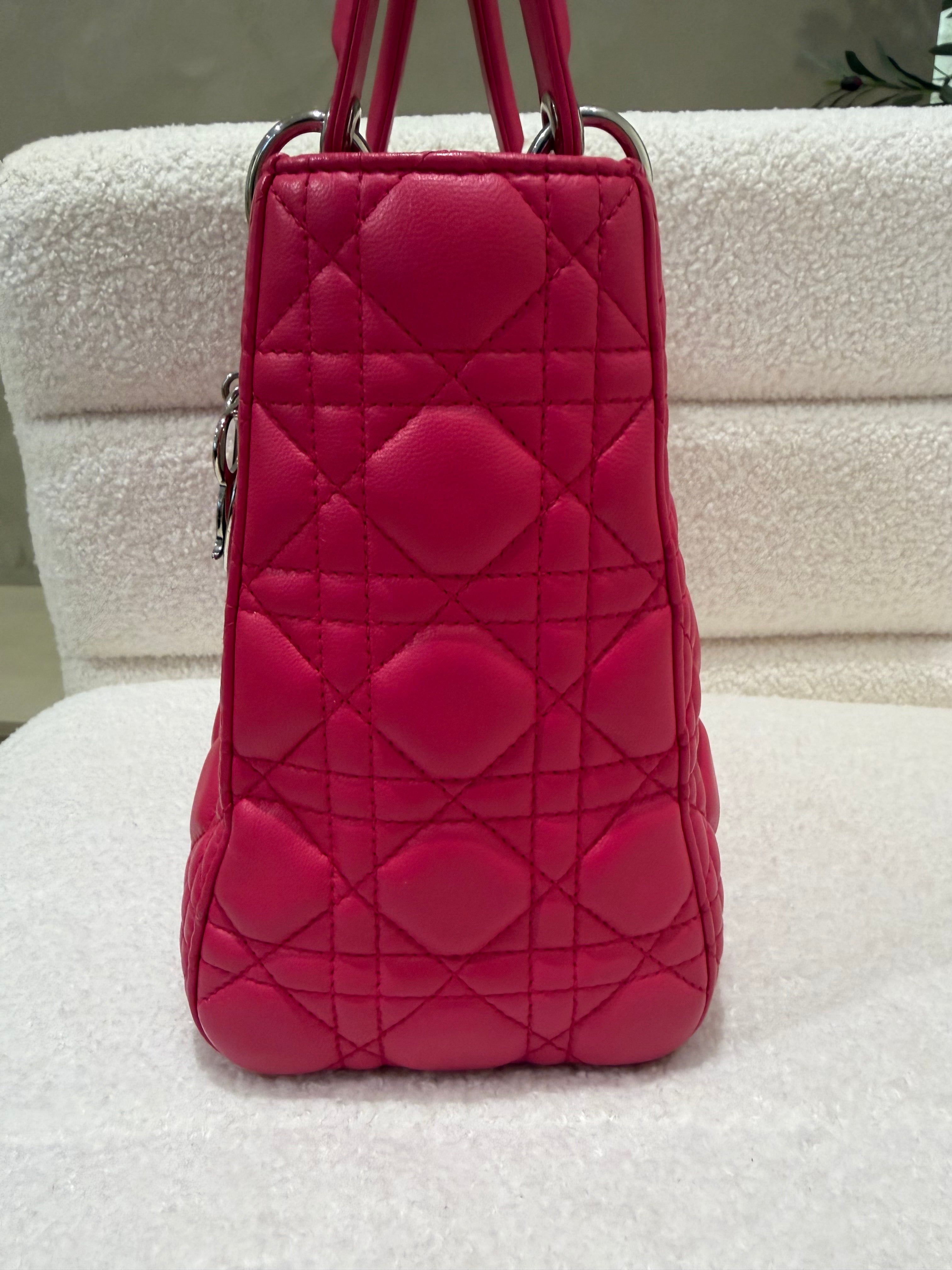 Dior Lady Dior | Medium | Fuchsia Pink Lambskin | Silver Hardware | Excellent