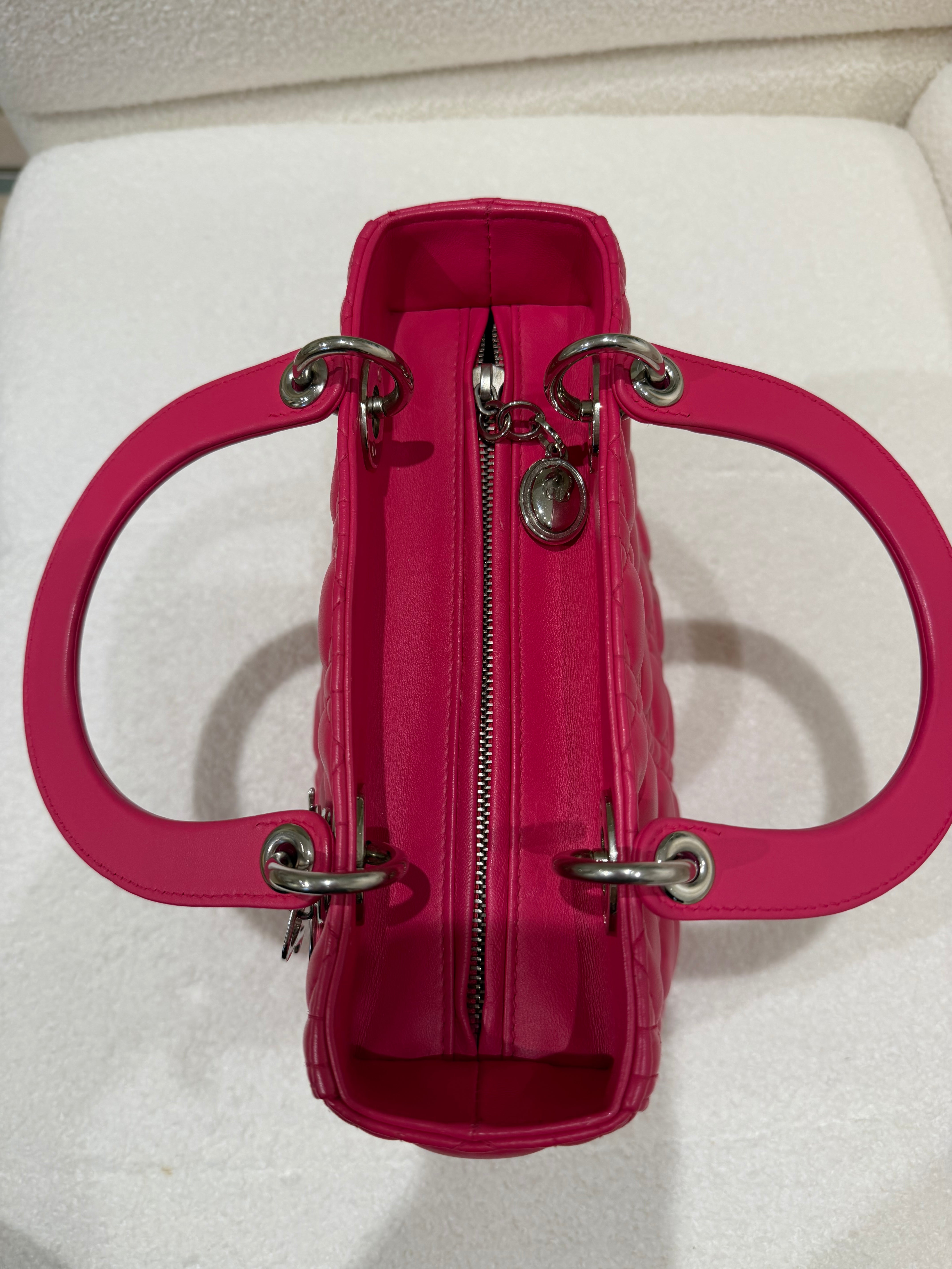 Dior Lady Dior | Medium | Fuchsia Pink Lambskin | Silver Hardware | Excellent