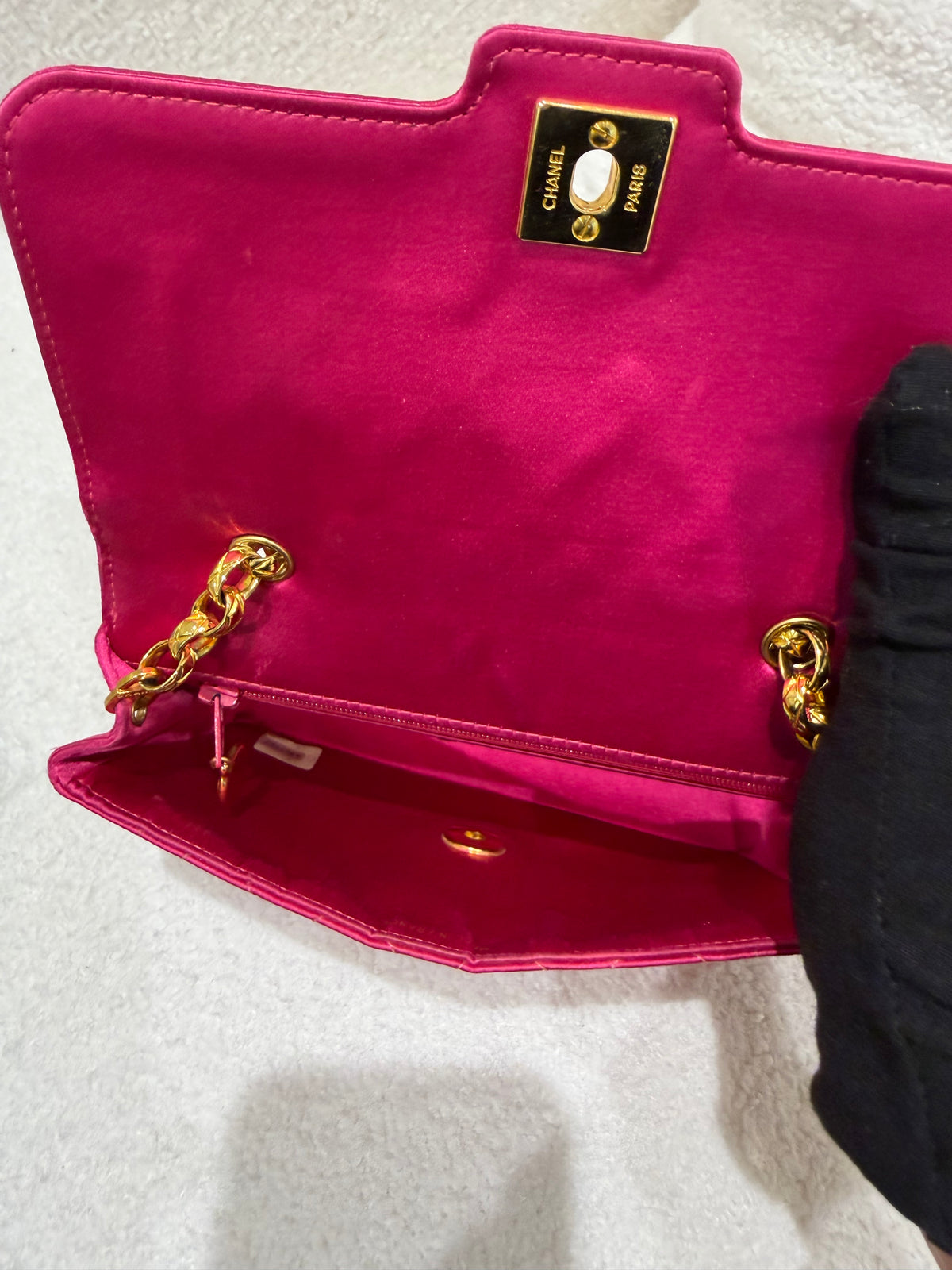 Chanel Pink Satin Quilted Flap Bag Gold Hardware |