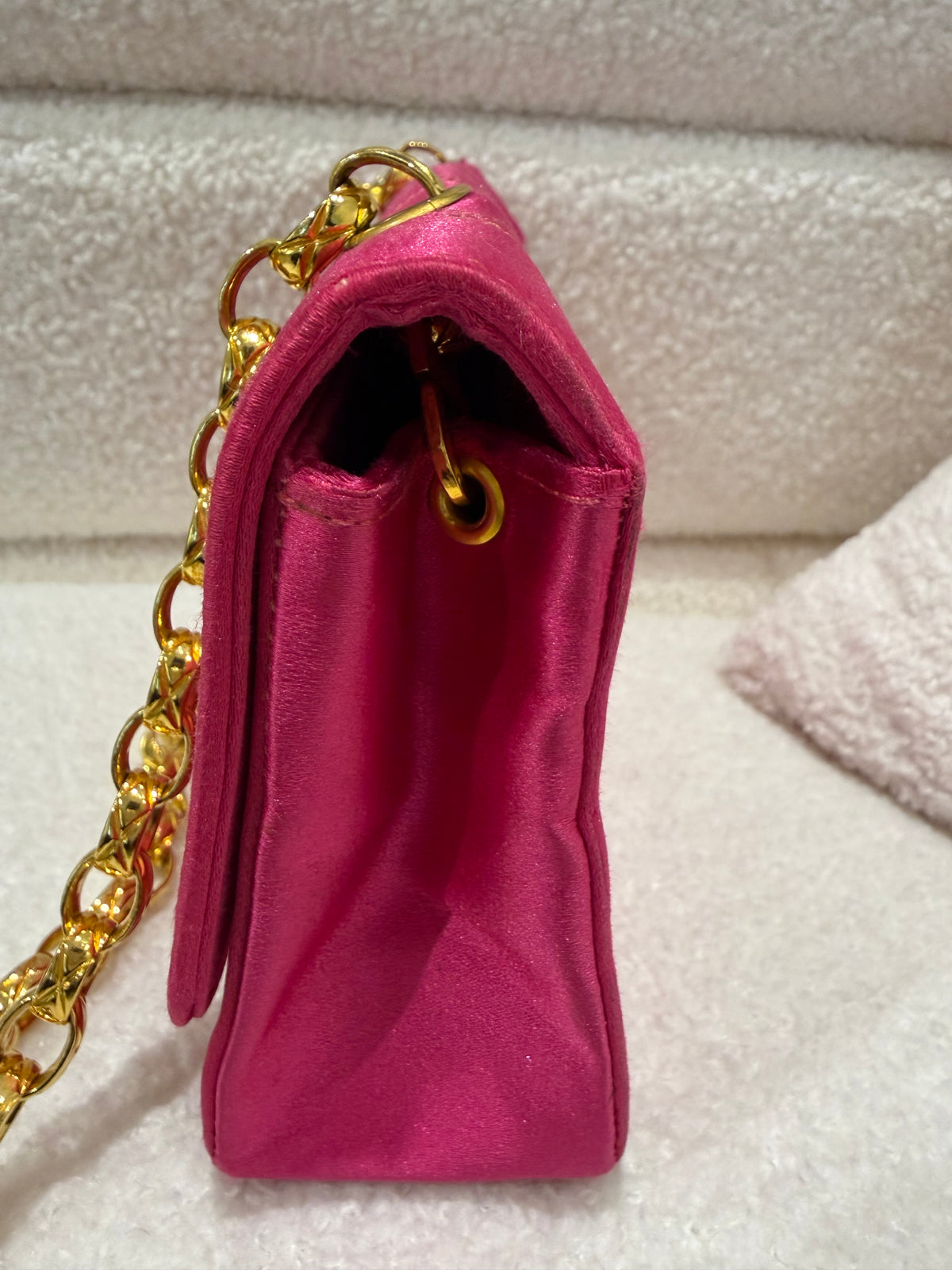 Chanel Pink Satin Quilted Flap Bag Gold Hardware |