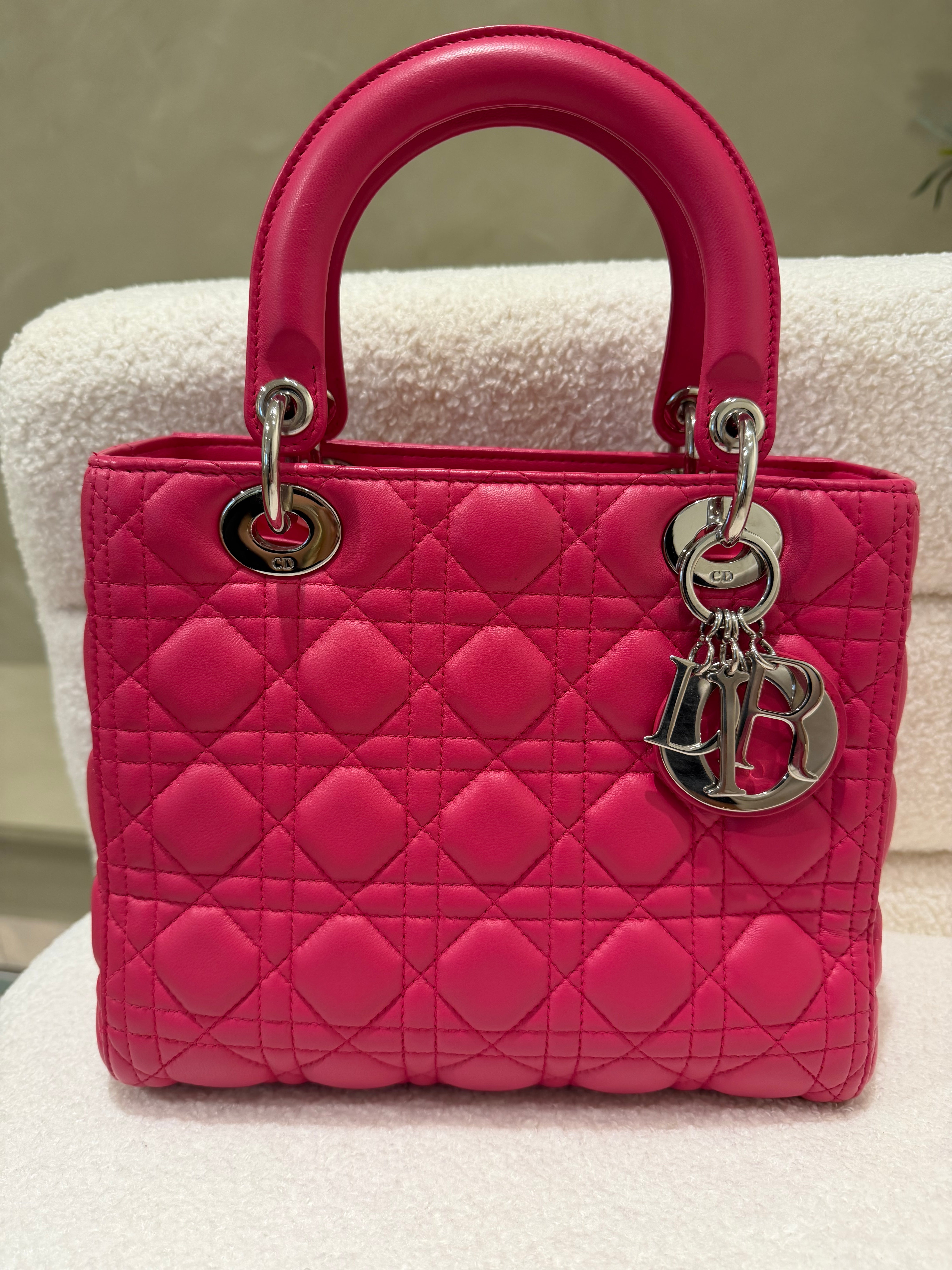 Dior Lady Dior | Medium | Fuchsia Pink Lambskin | Silver Hardware | Excellent