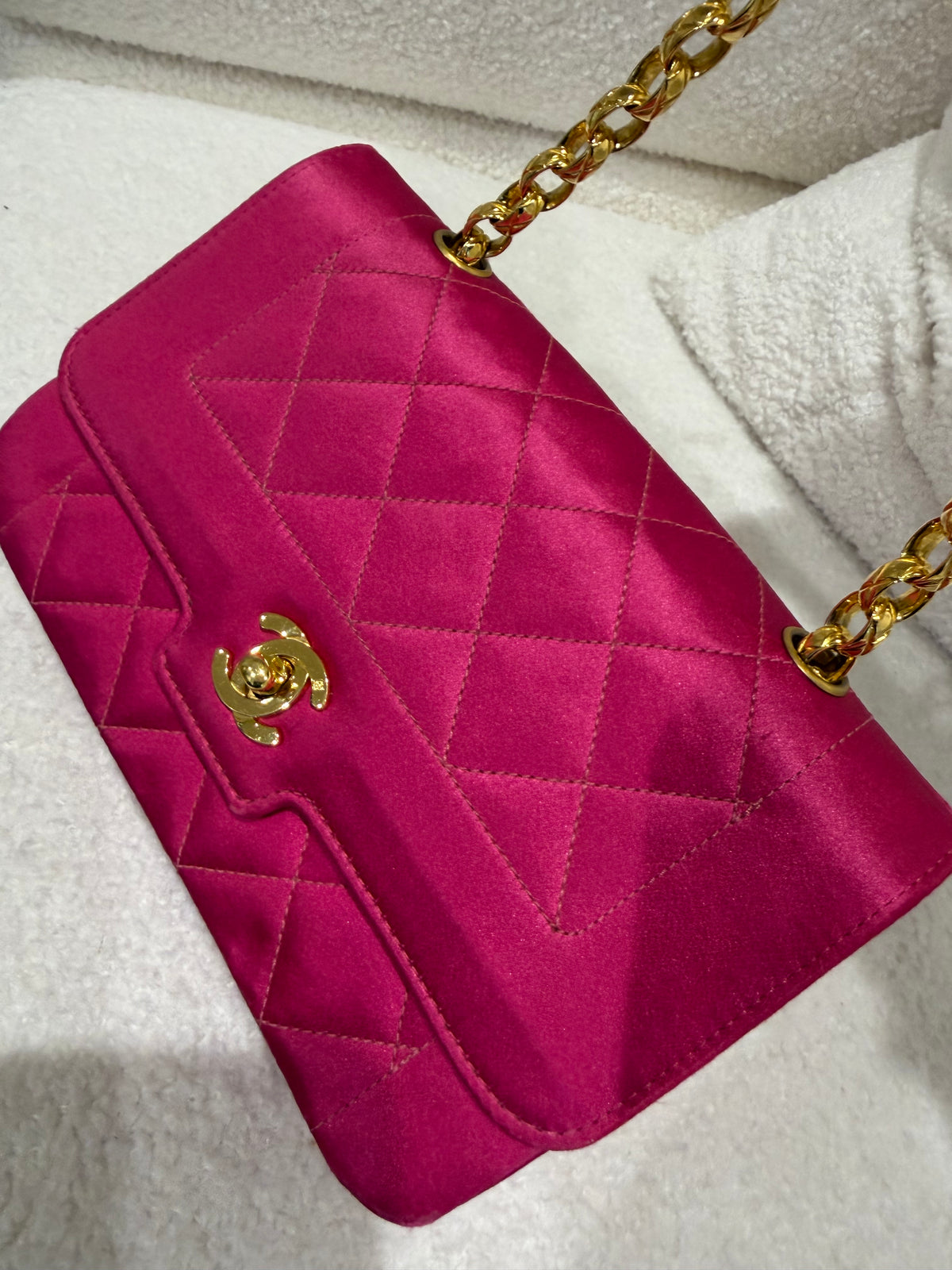 Chanel Pink Satin Quilted Flap Bag Gold Hardware |