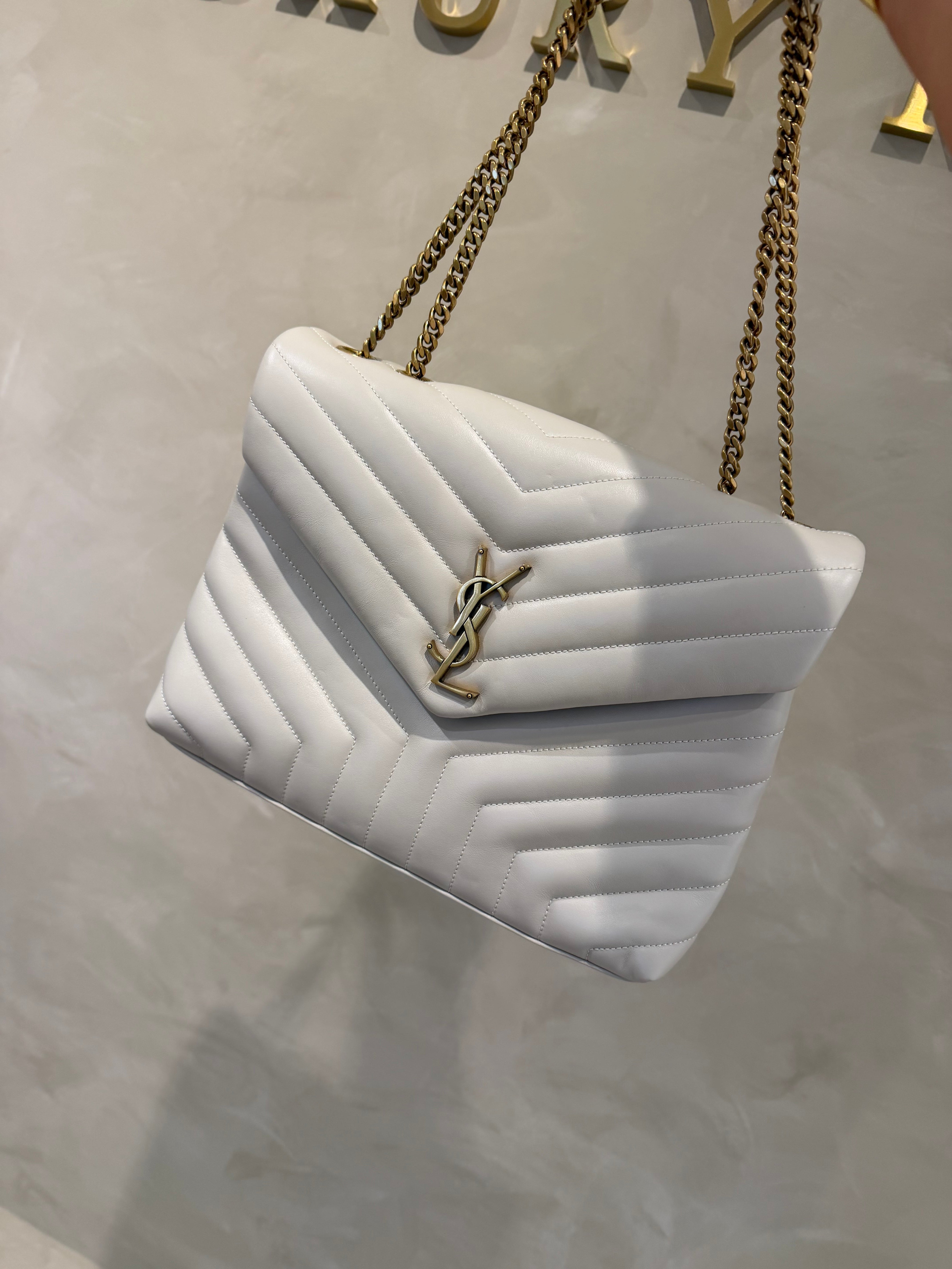 Saint Laurent Loulou Large Cream Quilted Leather Shoulder Bag with Gold Hardware