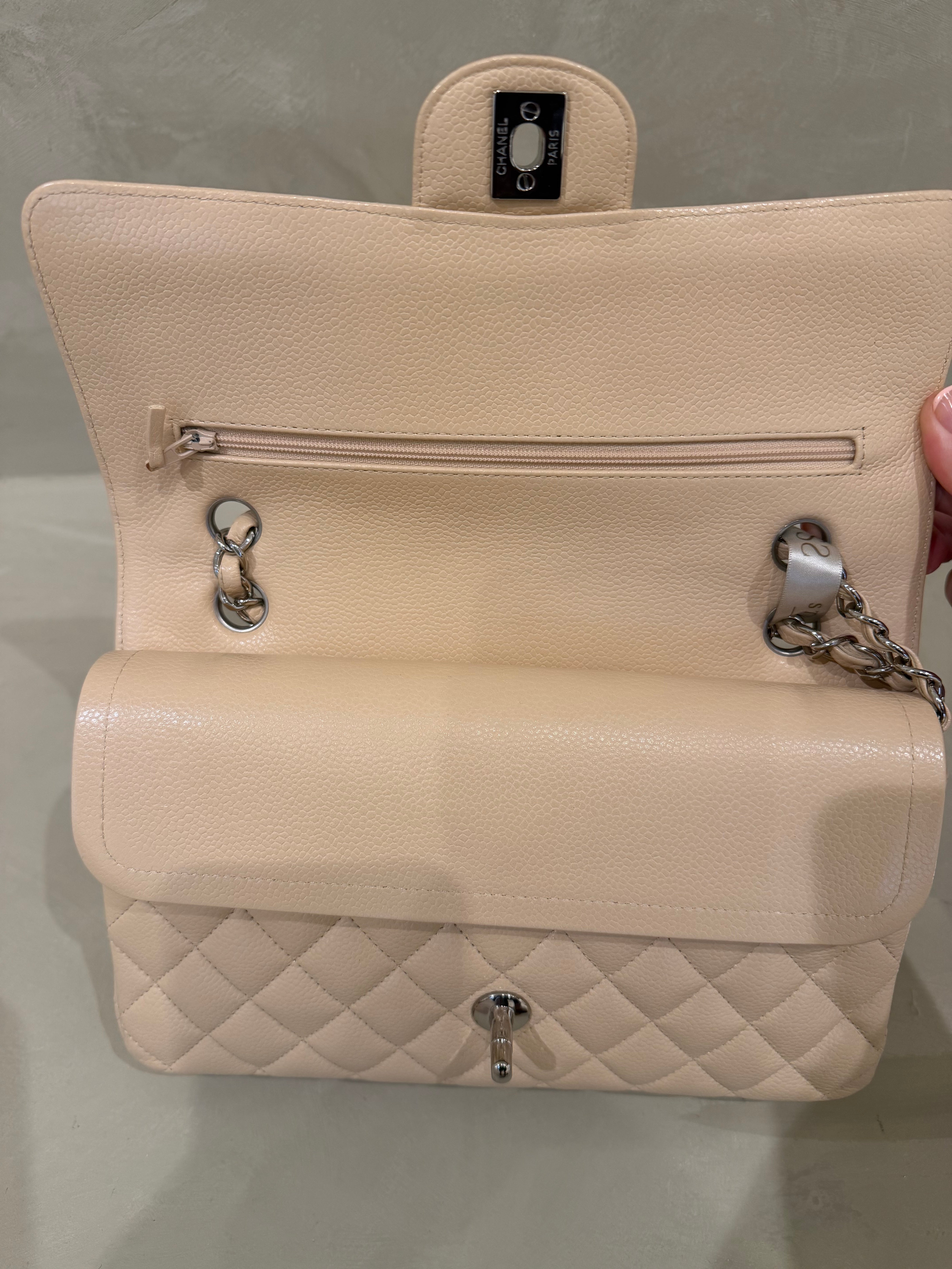 Chanel Medium Classic Flap | Beige Caviar | Silver Hardware | Excellent