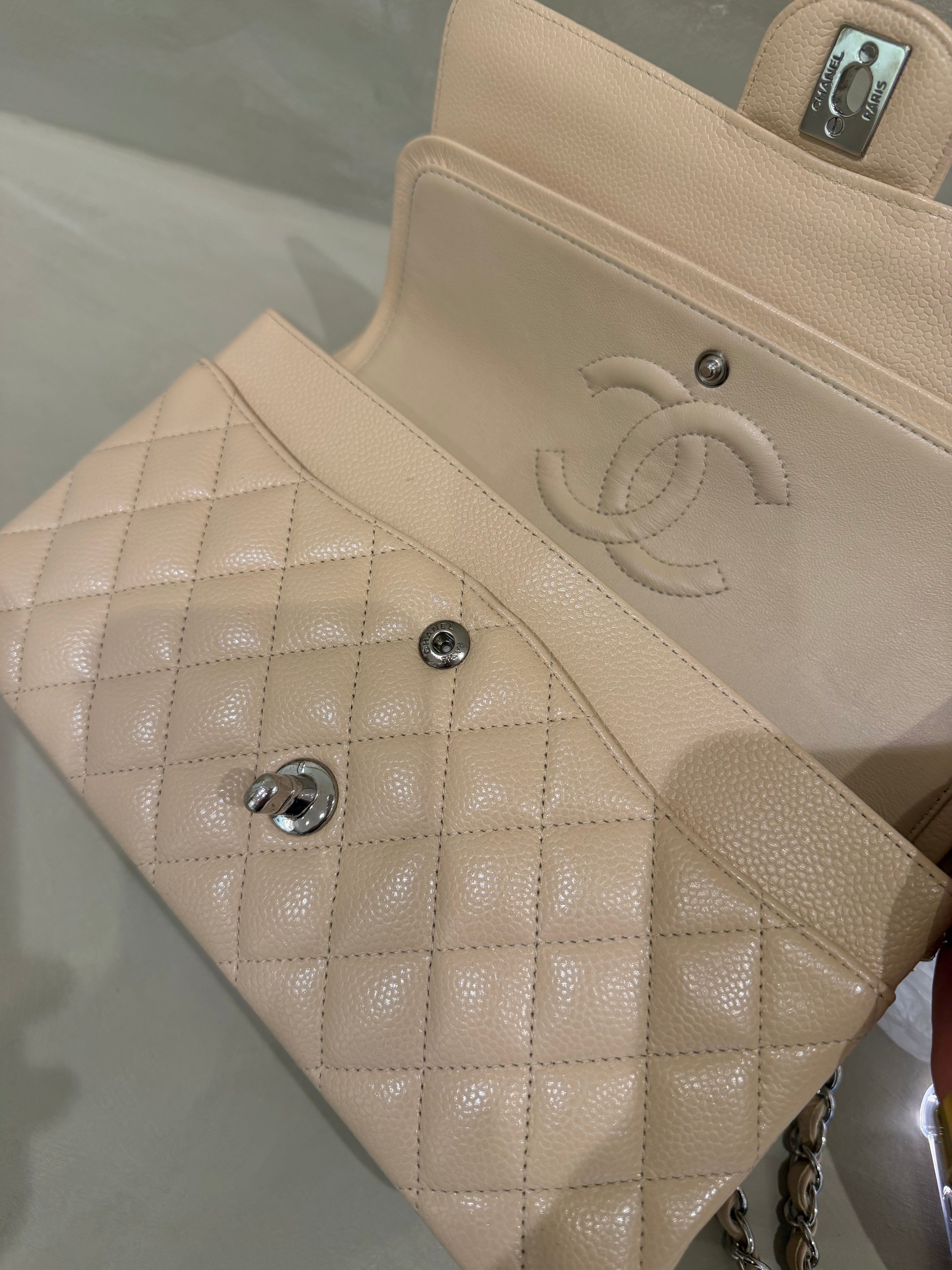 Chanel Medium Classic Flap | Beige Caviar | Silver Hardware | Excellent