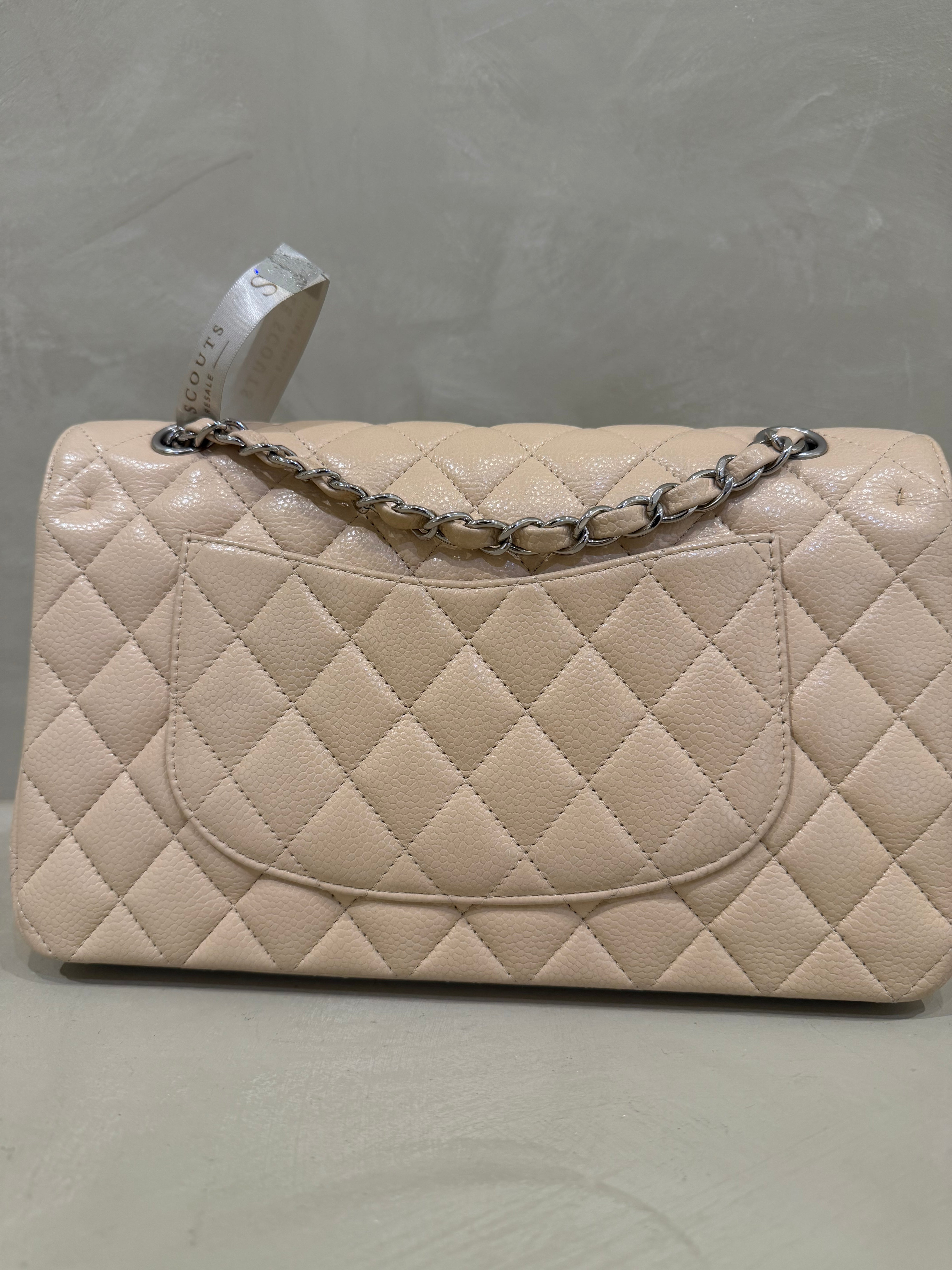 Chanel Medium Classic Flap | Beige Caviar | Silver Hardware | Excellent