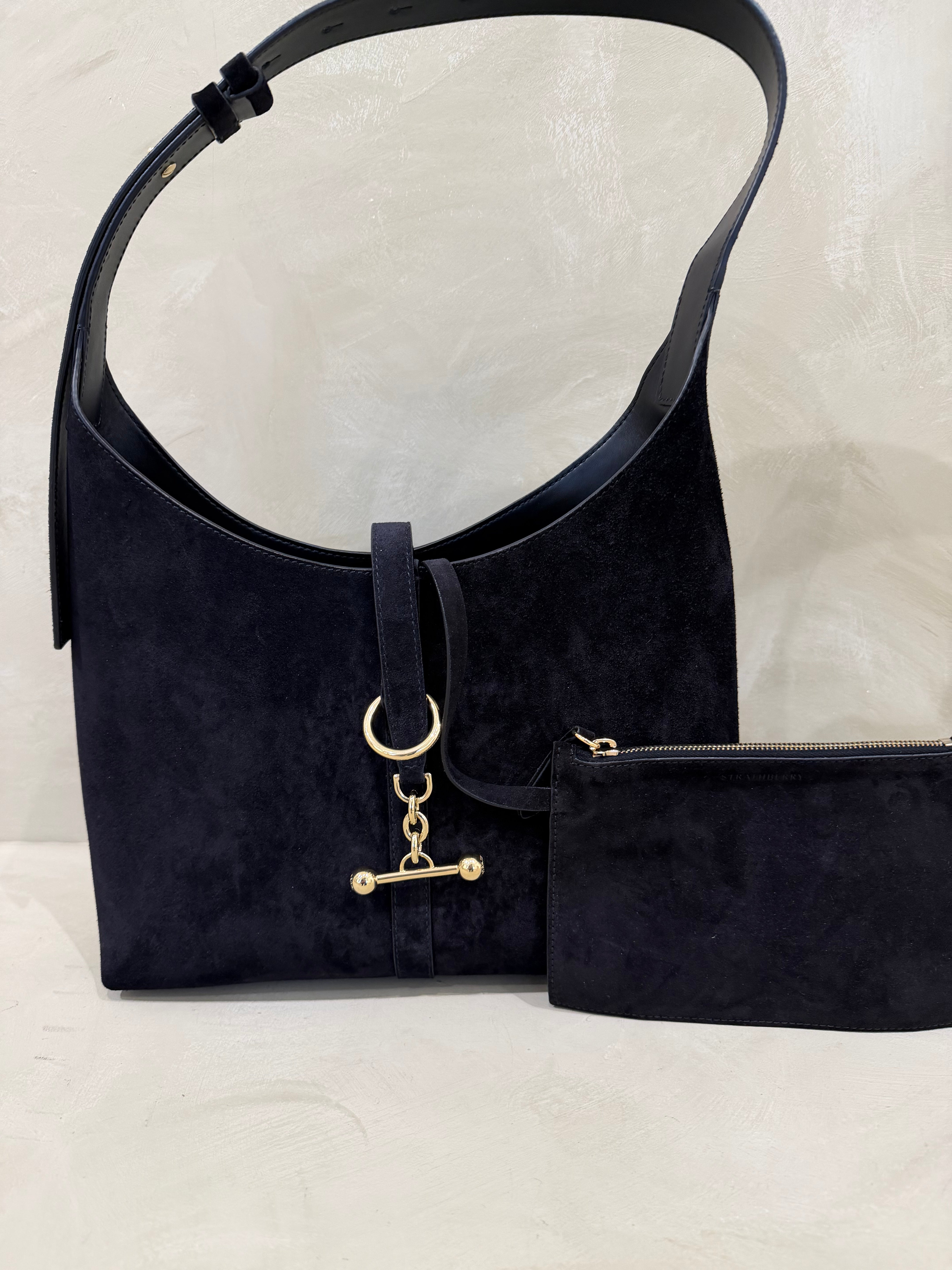 Strathberry Kite Black Suede Tote / Hobo Shoulder Bag with Gold Hardware