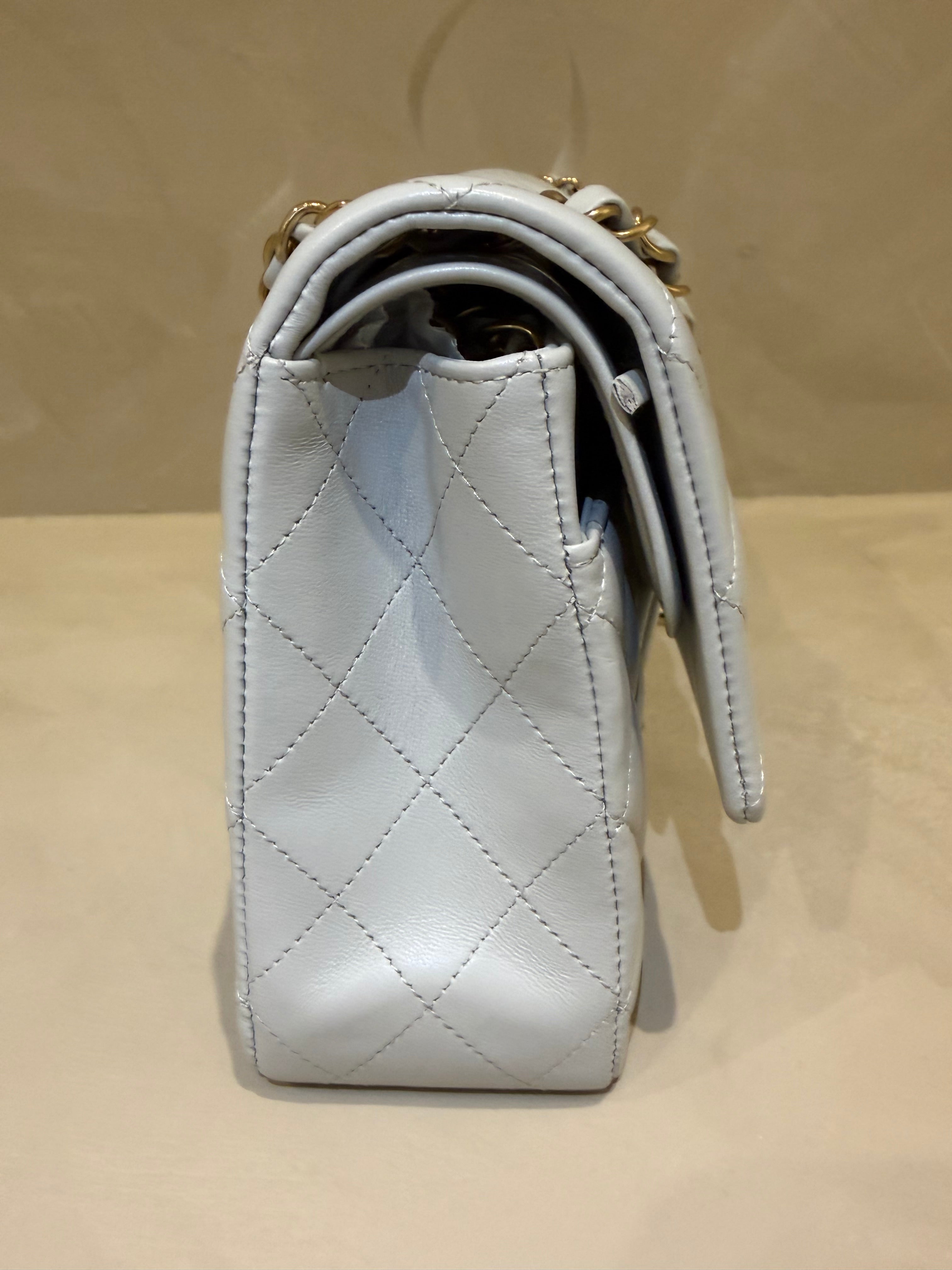 Chanel Medium Classic Flap | Blue/Grey Lambskin | Champagne Gold Hardware | Microchip | Pristine