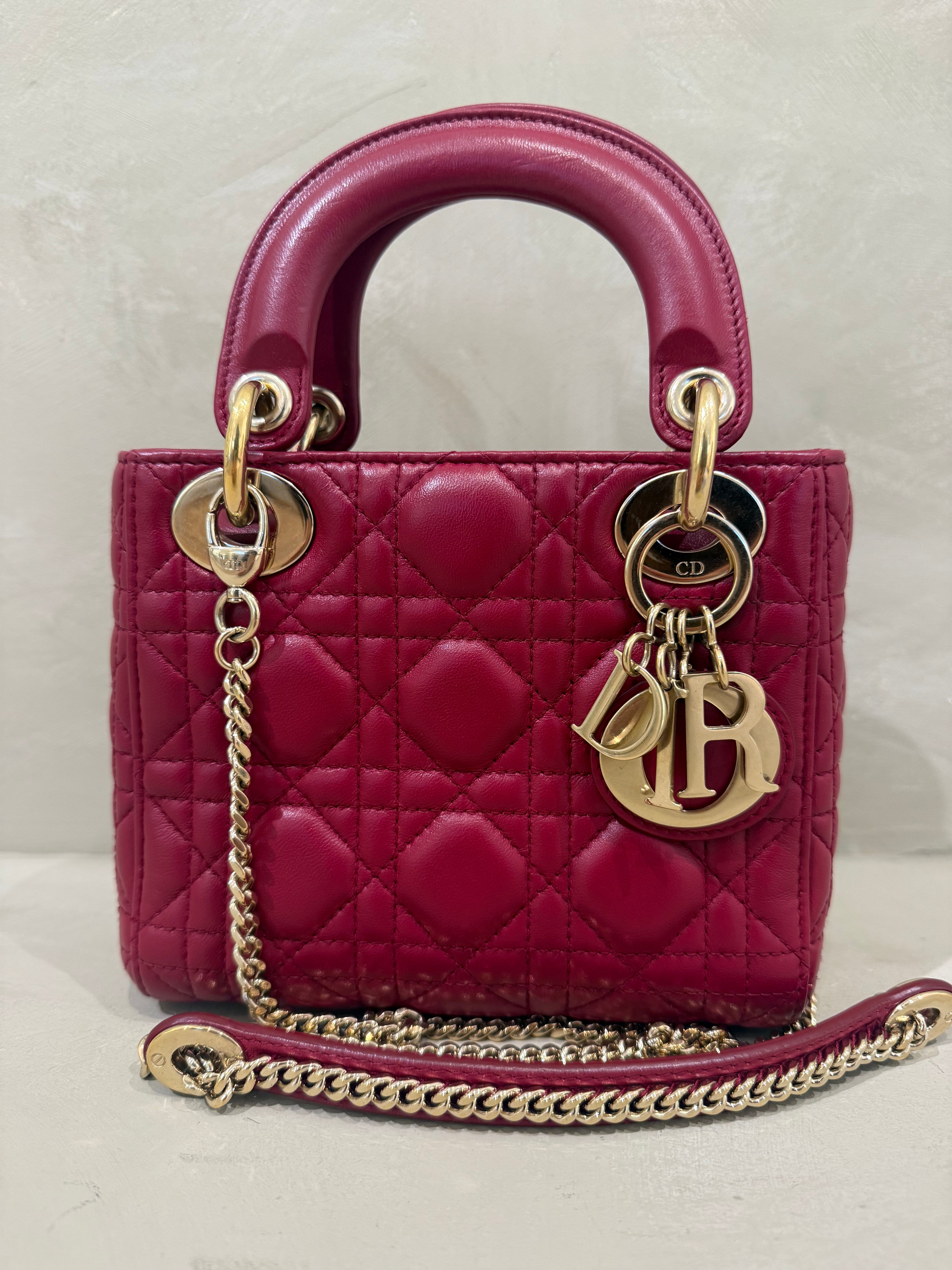Dior Lady Dior Mini | Deep Red Lambskin | Gold Hardware | Very Good