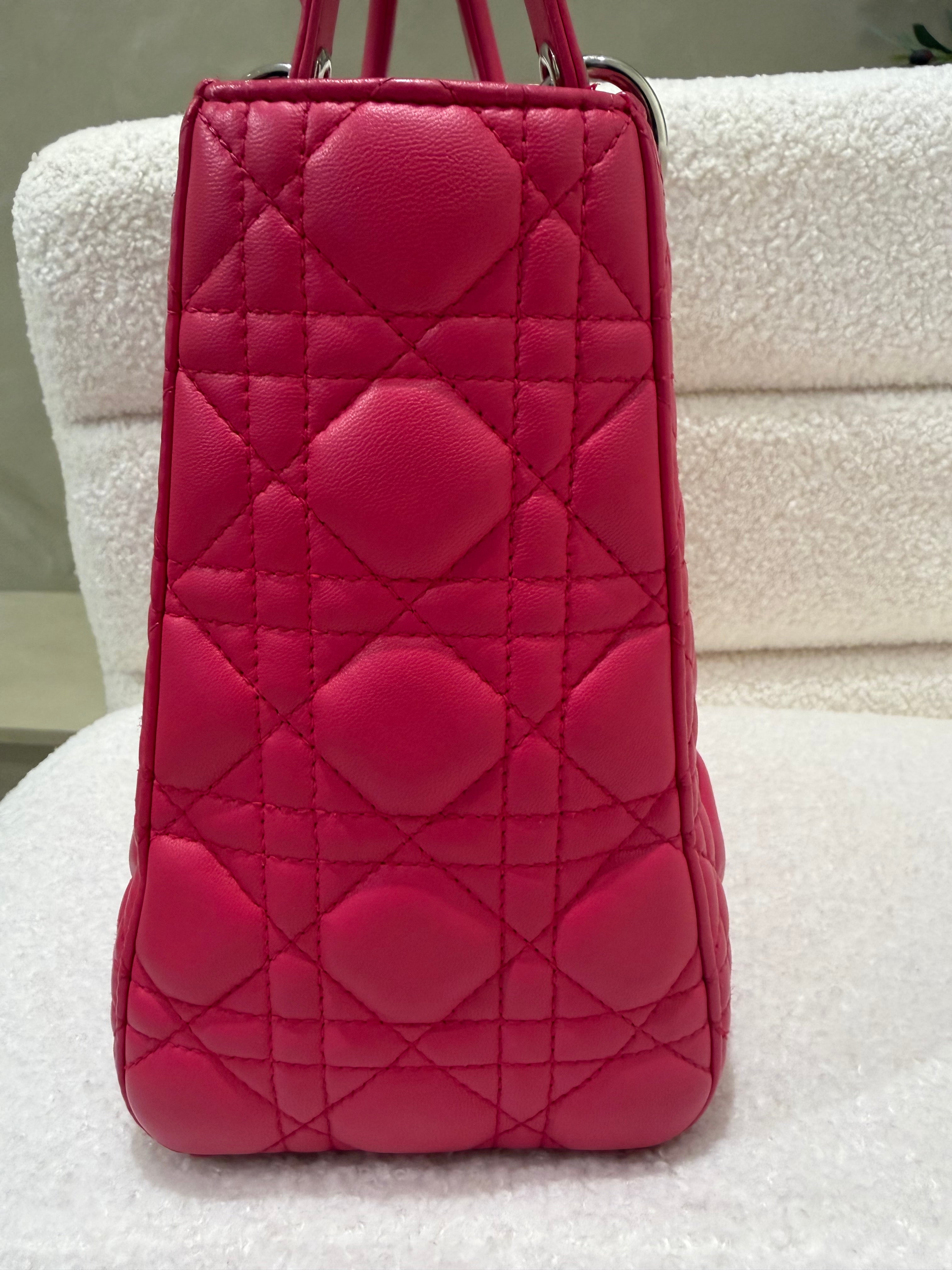 Dior Lady Dior | Medium | Fuchsia Pink Lambskin | Silver Hardware | Excellent