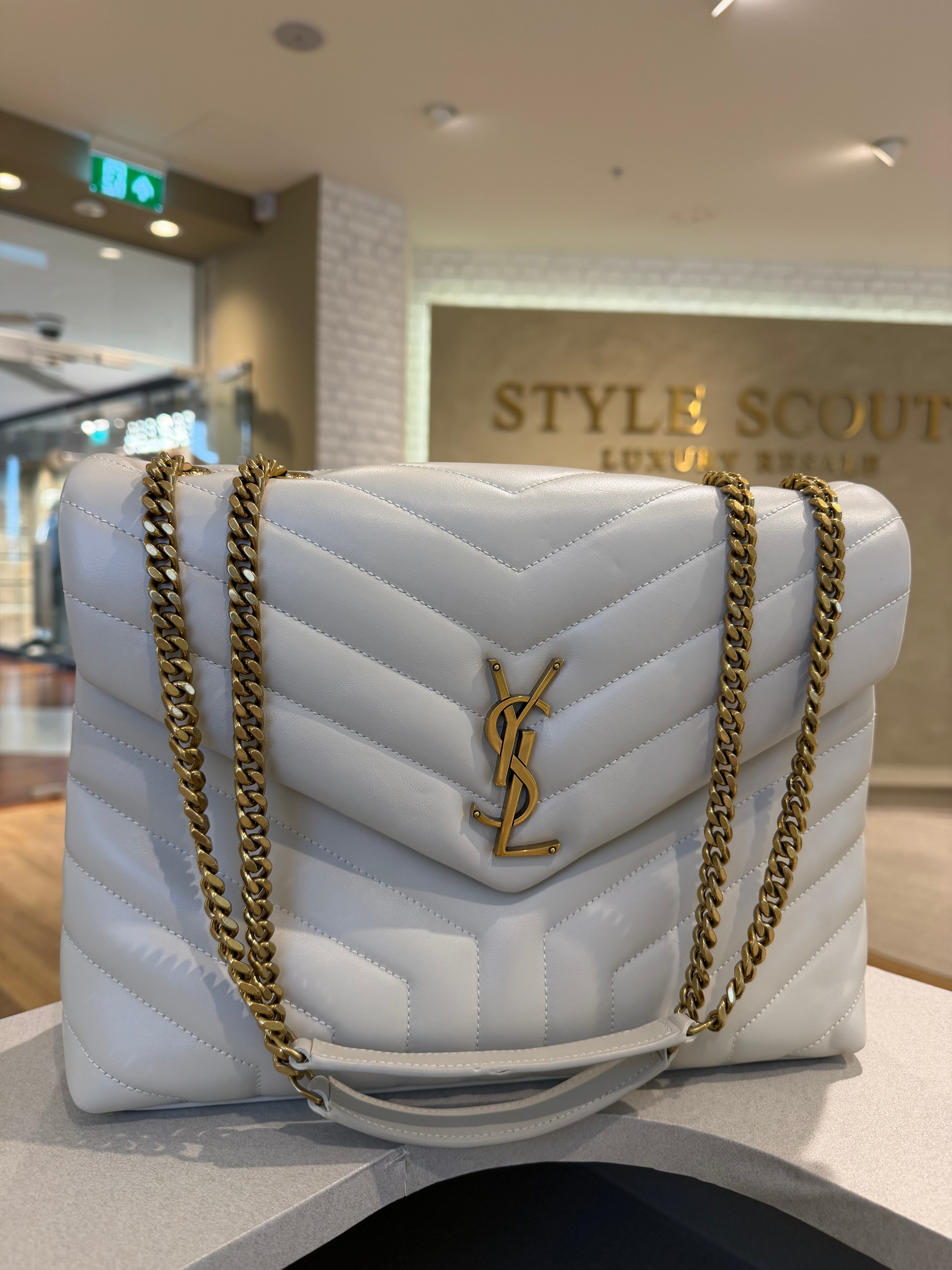 Saint Laurent Loulou Large Cream Quilted Leather Shoulder Bag with Gold Hardware