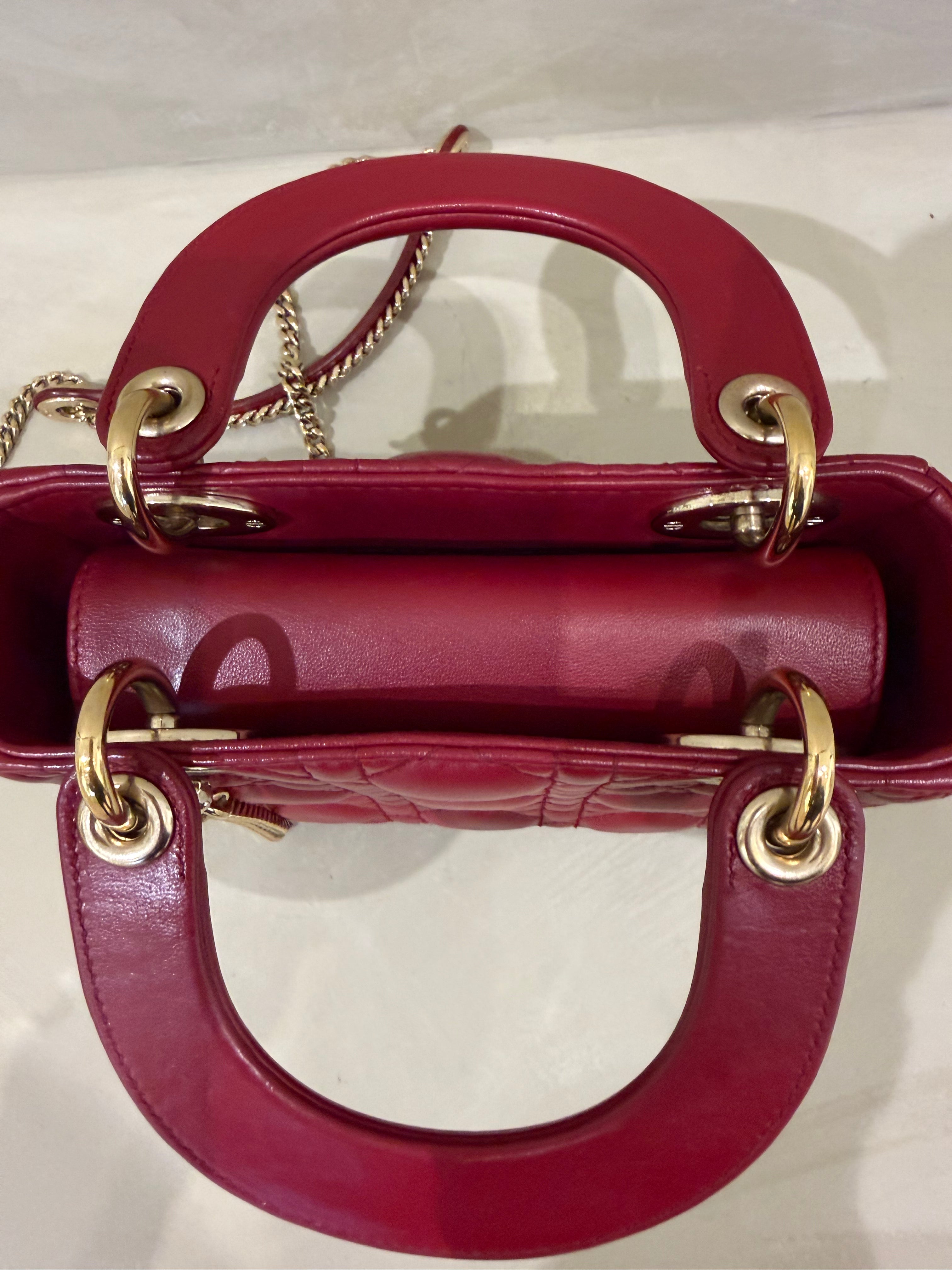 Dior Lady Dior Mini | Deep Red Lambskin | Gold Hardware | Very Good
