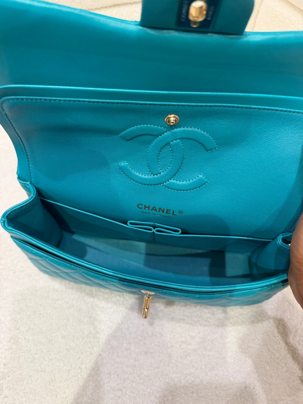Chanel Classic Flap | Turquoise/Teal Lambskin | Gold Hardware | Very Good