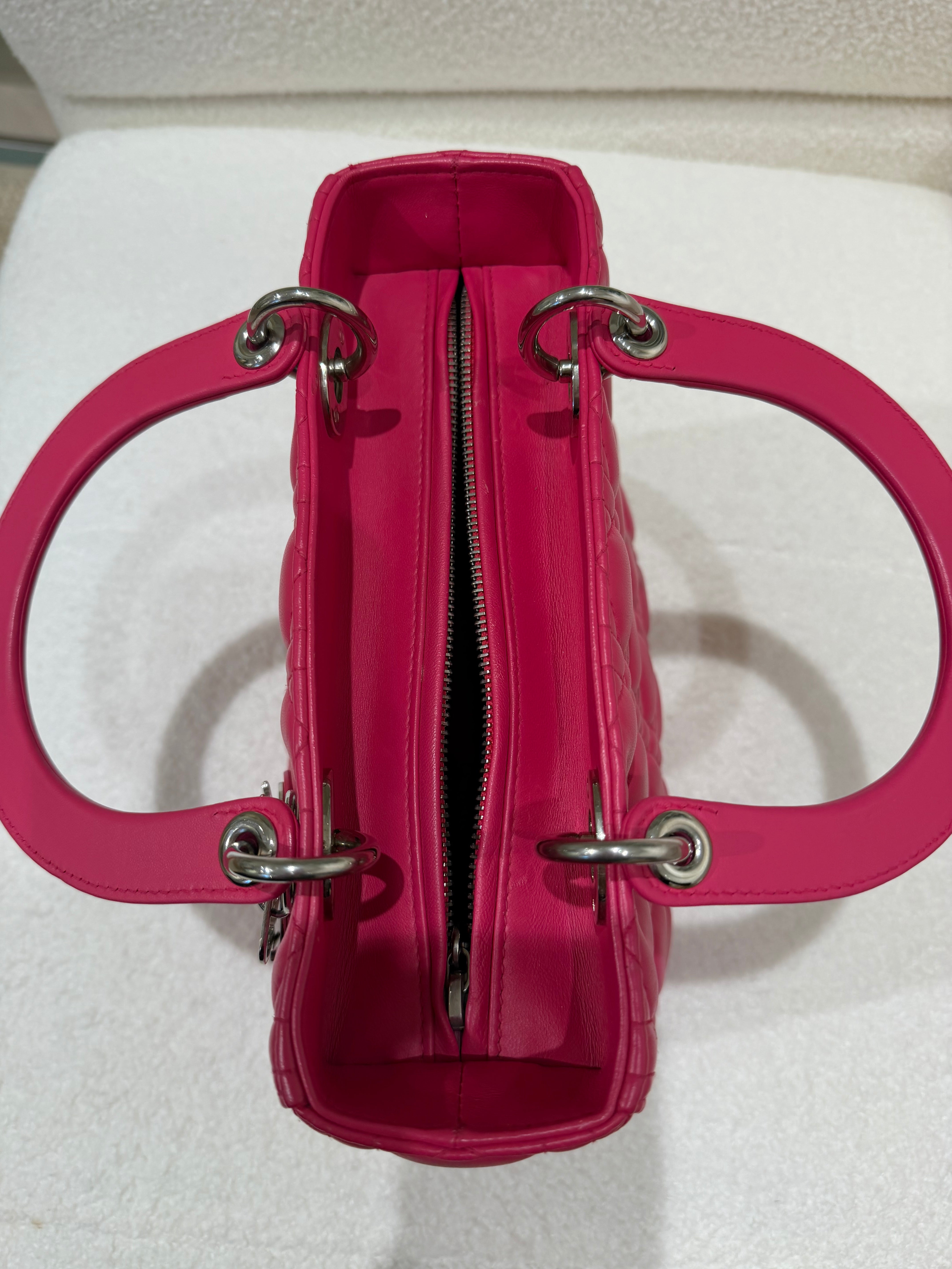 Dior Lady Dior | Medium | Fuchsia Pink Lambskin | Silver Hardware | Excellent
