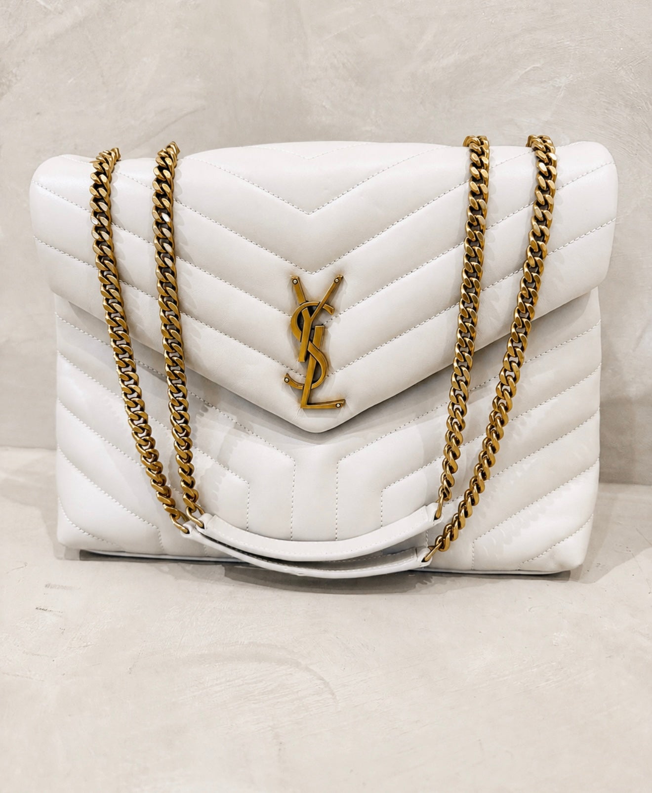 Saint Laurent Loulou Large Cream Quilted Leather Shoulder Bag with Gold Hardware