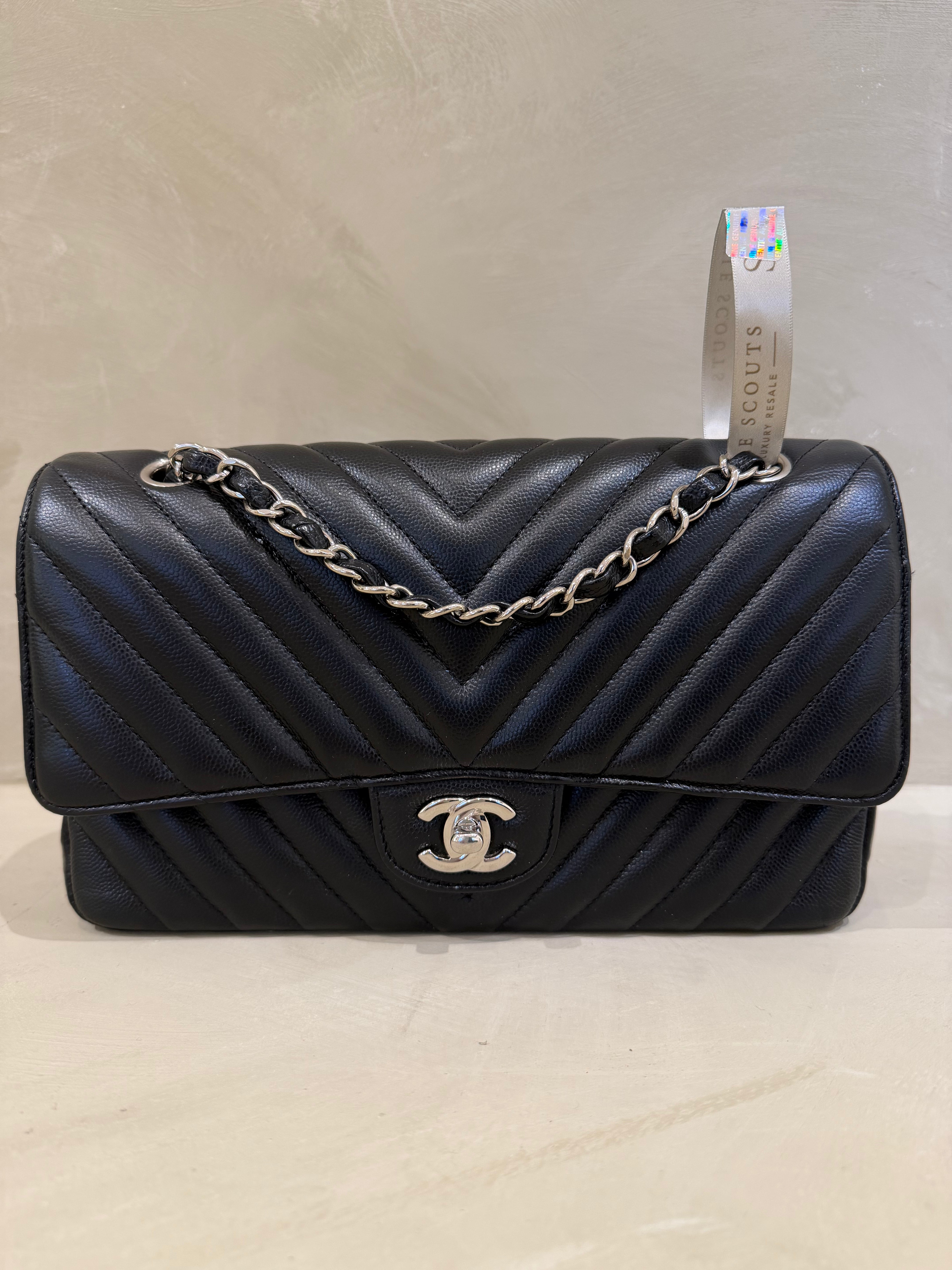 Chanel Medium Classic Flap Chevron | Black Caviar | Silver Hardware | Excellent