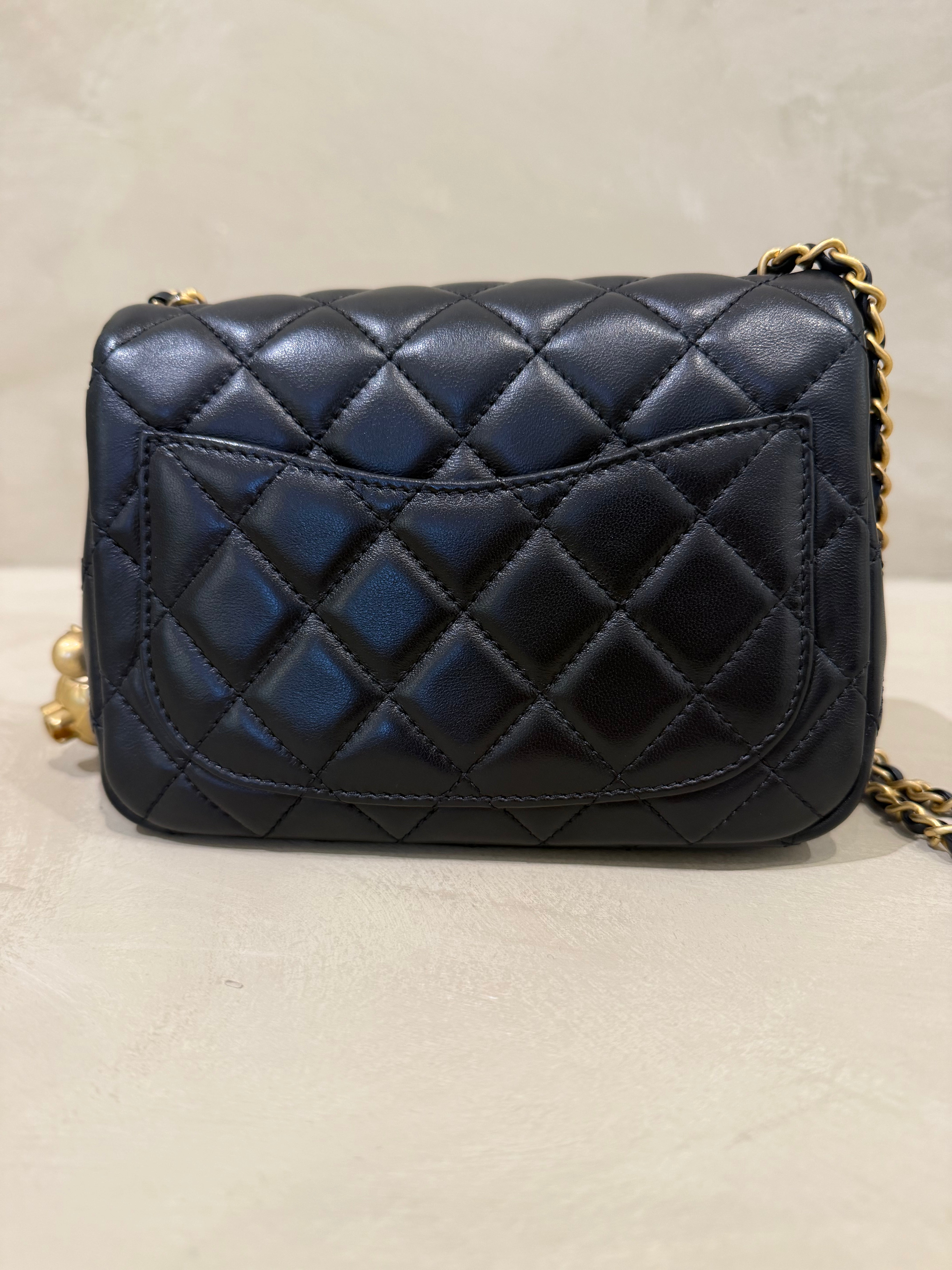 Chanel Mini Square Pearl Crush Black Lambskin Bag | Aged Gold Hardware | Microchipped