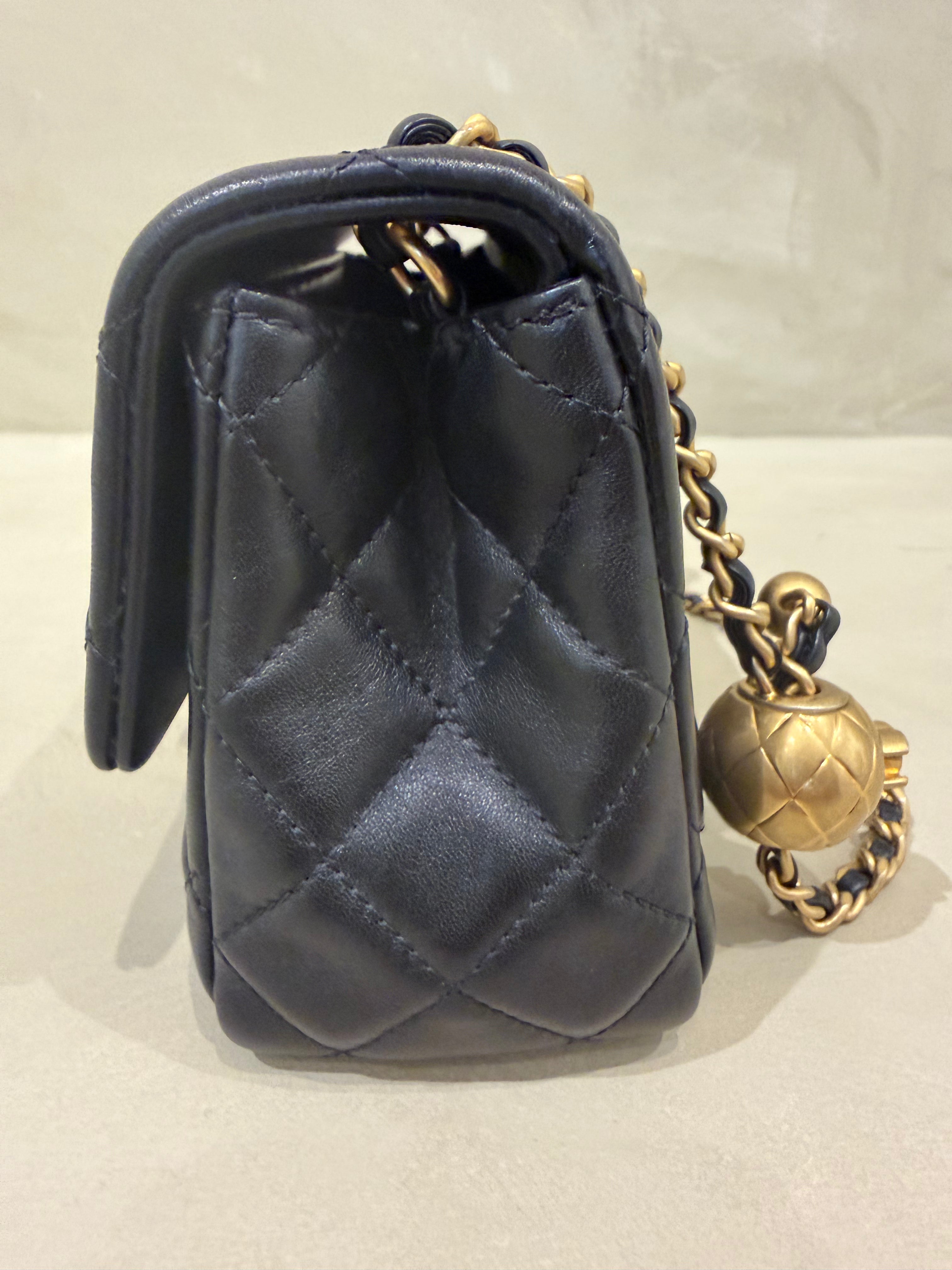 Chanel Mini Square Pearl Crush Black Lambskin Bag | Aged Gold Hardware | Microchipped