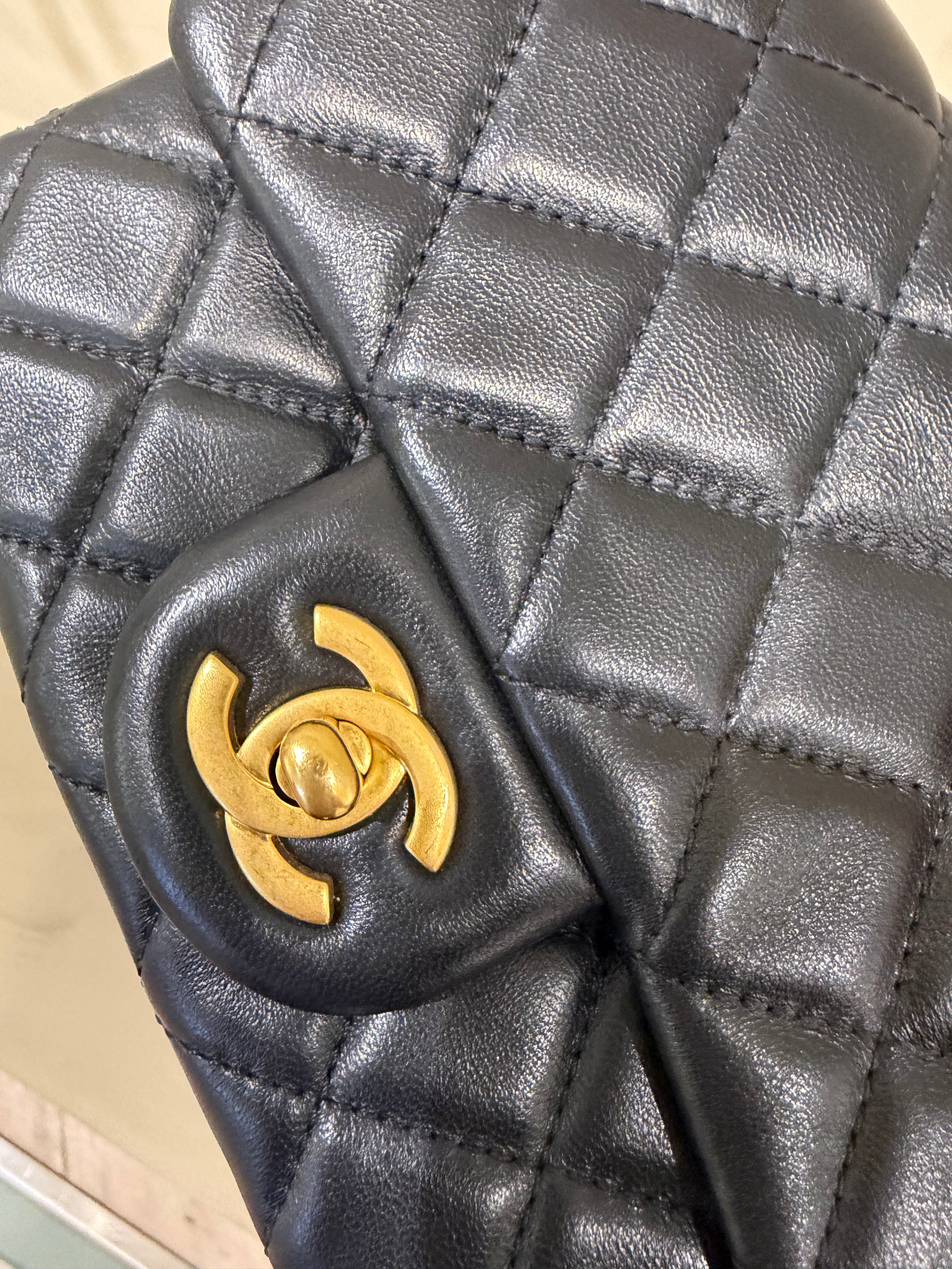 Chanel Mini Square Pearl Crush Black Lambskin Bag | Aged Gold Hardware | Microchipped