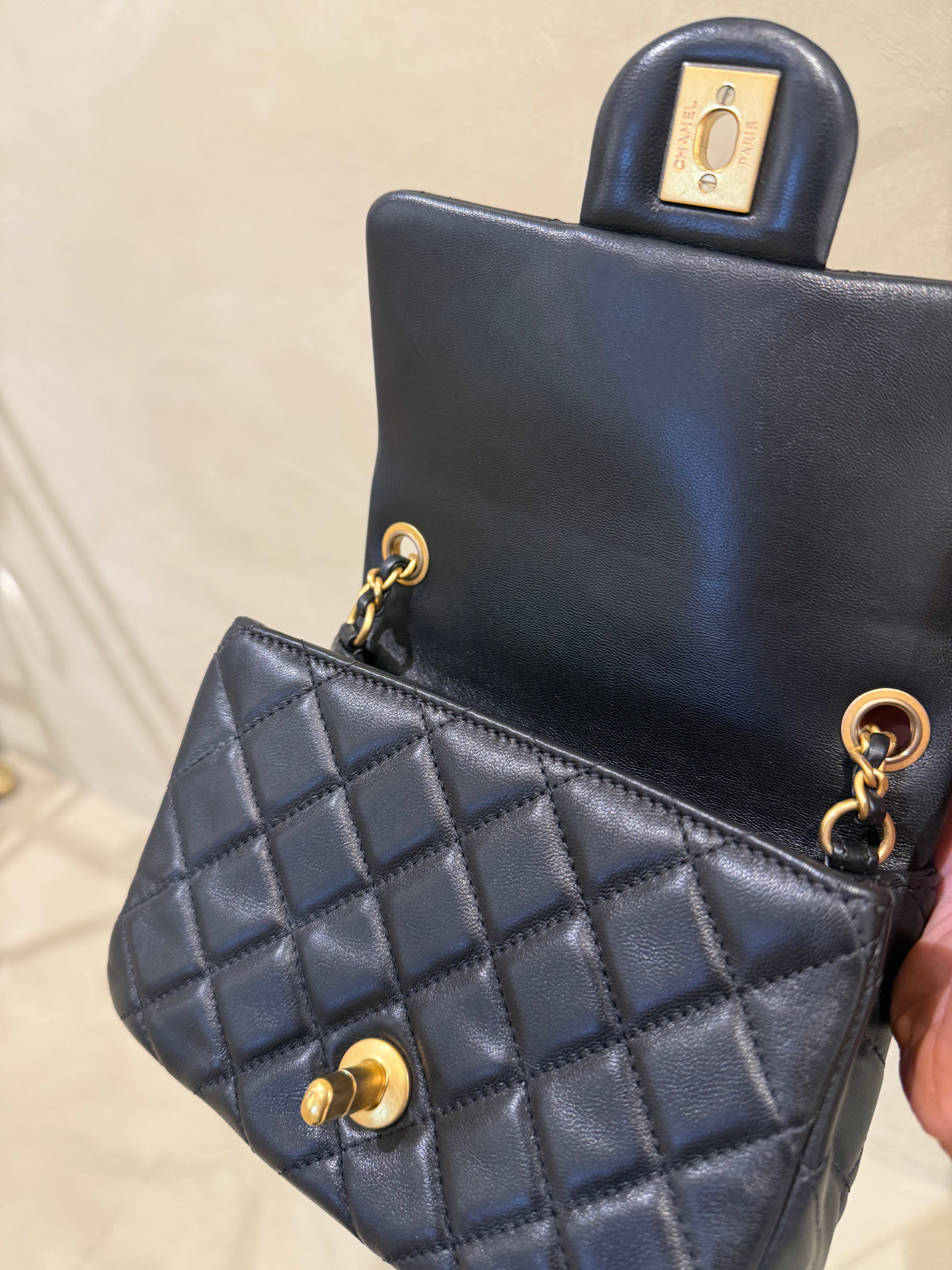 Chanel Mini Square Pearl Crush Black Lambskin Bag | Aged Gold Hardware | Microchipped