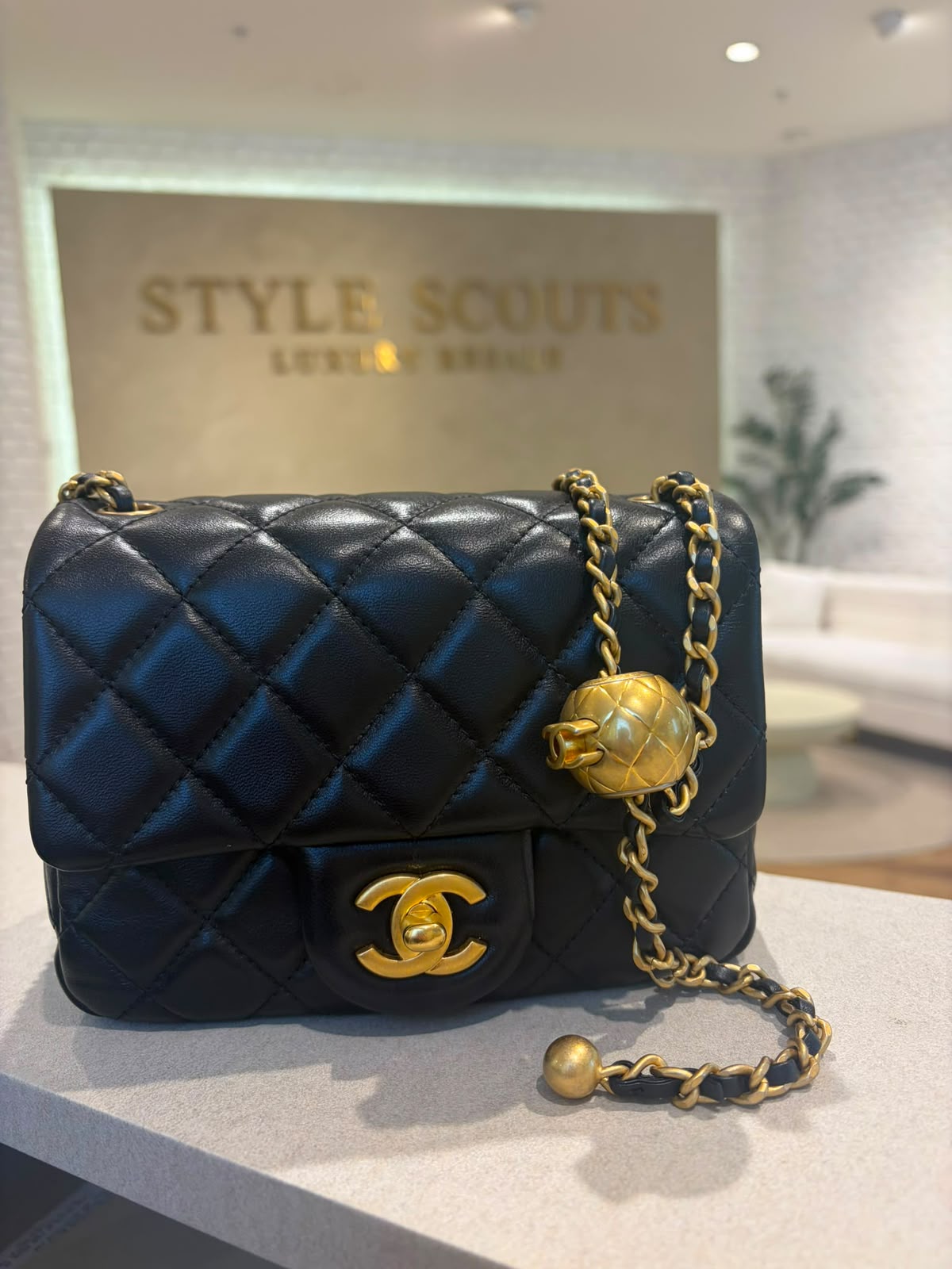 Chanel Mini Square Pearl Crush Black Lambskin Bag | Aged Gold Hardware | Microchipped