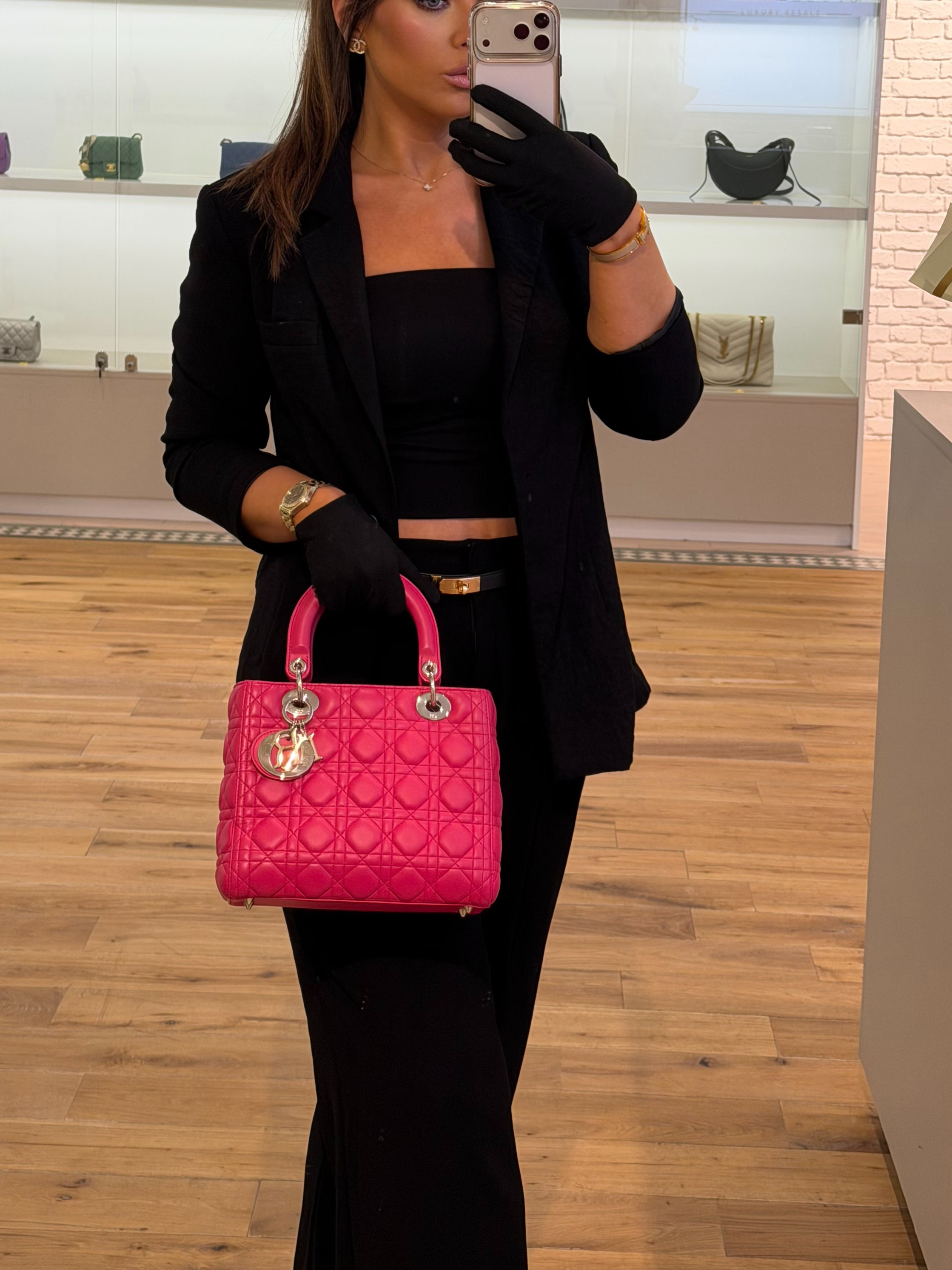 Dior Lady Dior | Medium | Fuchsia Pink Lambskin | Silver Hardware | Excellent