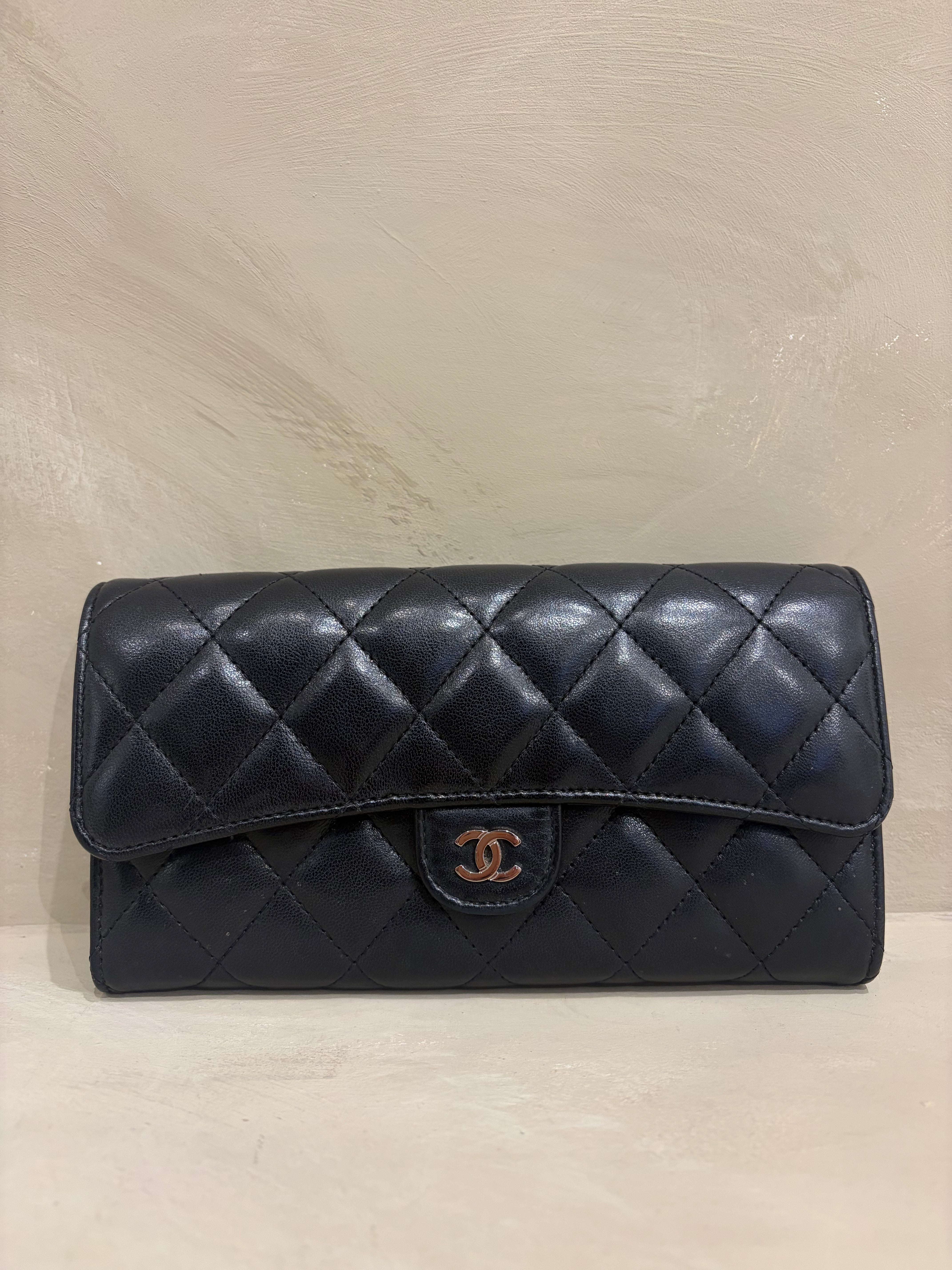 Chanel Long Wallet | Black Lambskin | Silver Hardware | Very Good