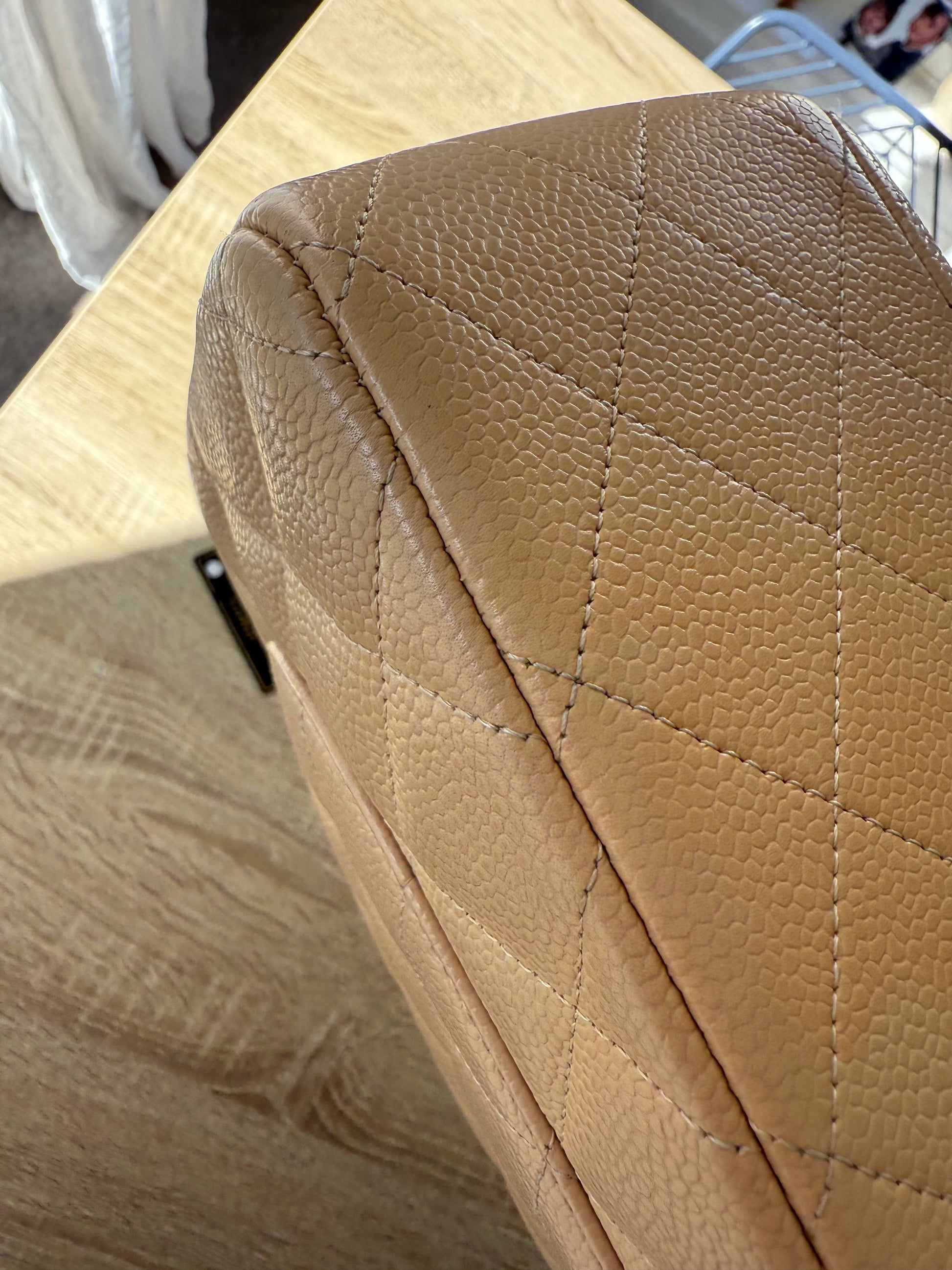 Chanel Classic Double Flap Beige Caviar Leather Jumbo