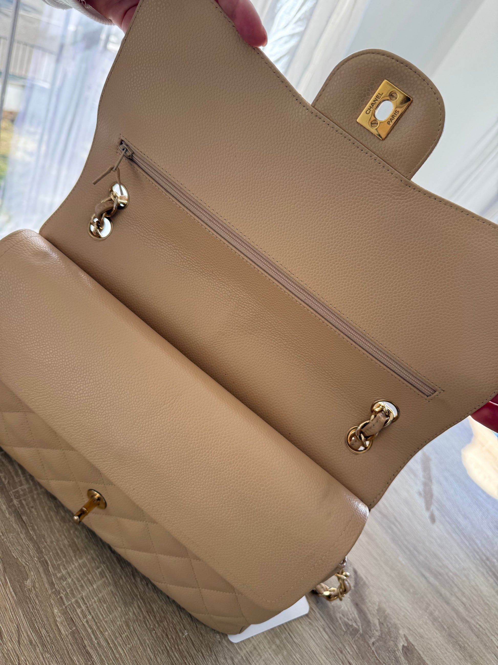 Chanel Classic Double Flap Beige Caviar Leather Jumbo