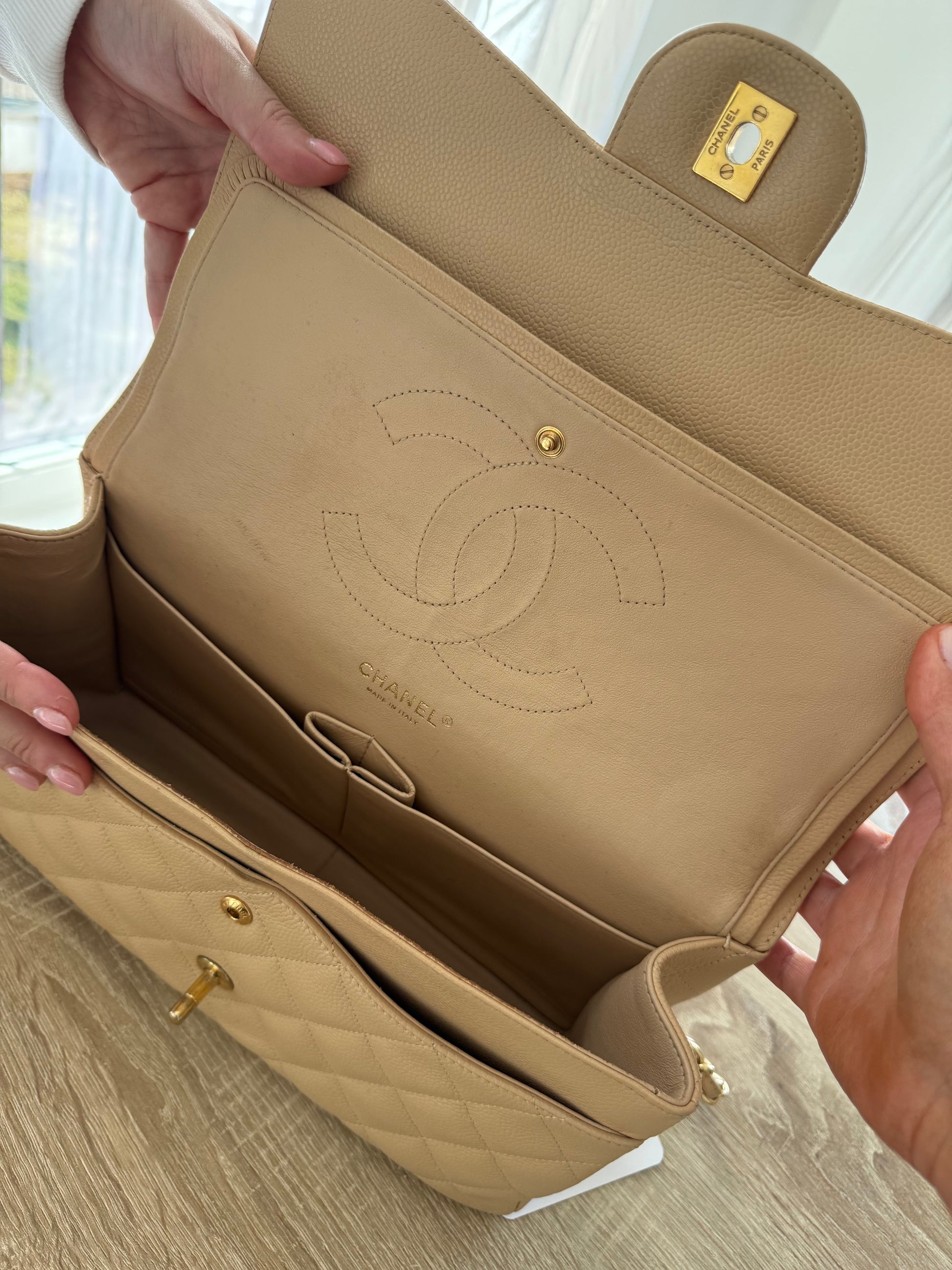 Chanel Classic Double Flap Beige Caviar Leather Jumbo
