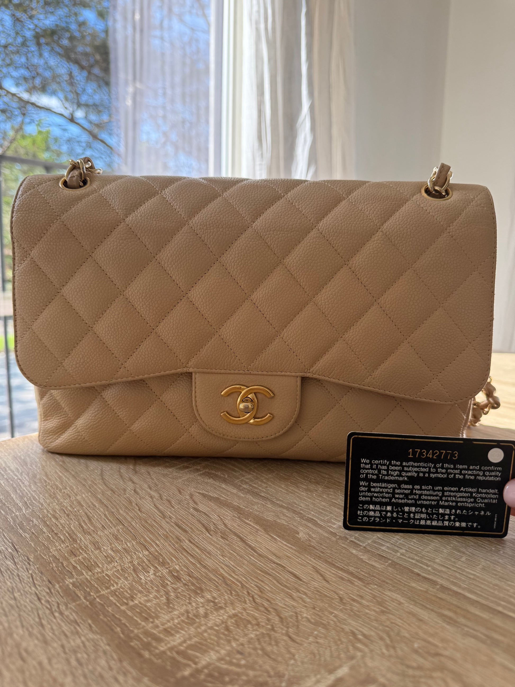 Chanel Classic Double Flap Beige Caviar Leather Jumbo
