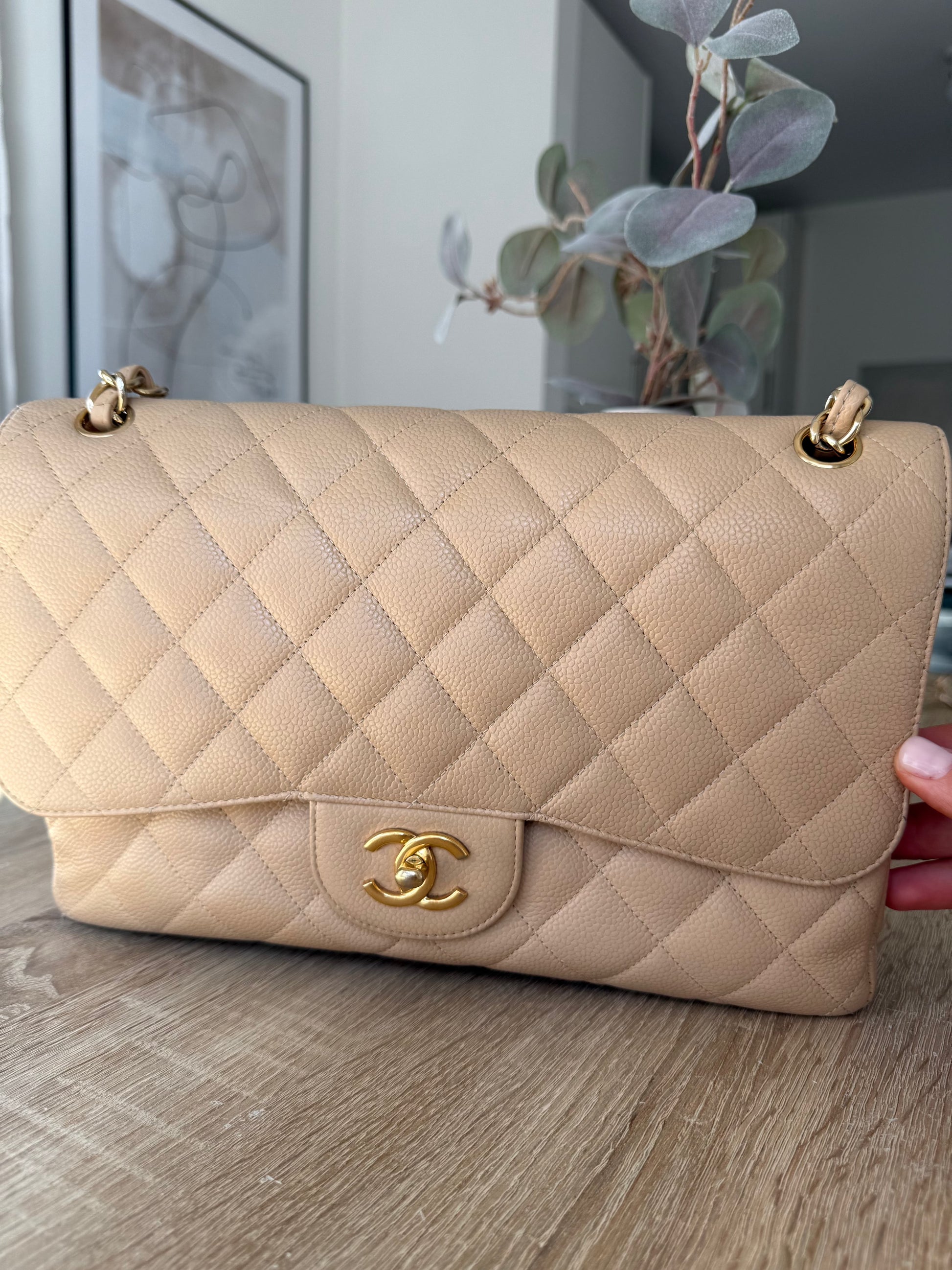 Chanel Classic Double Flap Beige Caviar Leather Jumbo