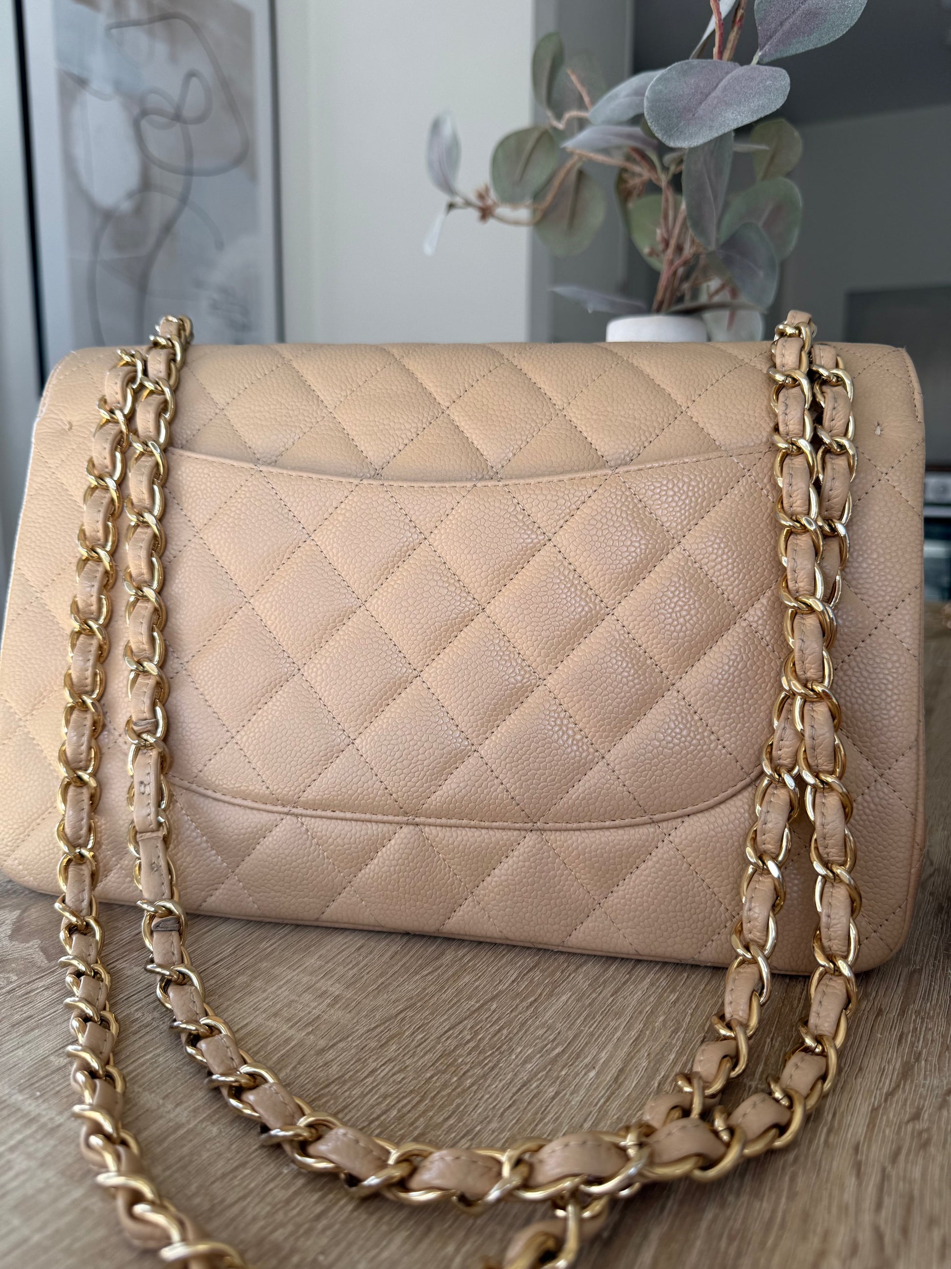 Chanel Classic Double Flap Beige Caviar Leather Jumbo