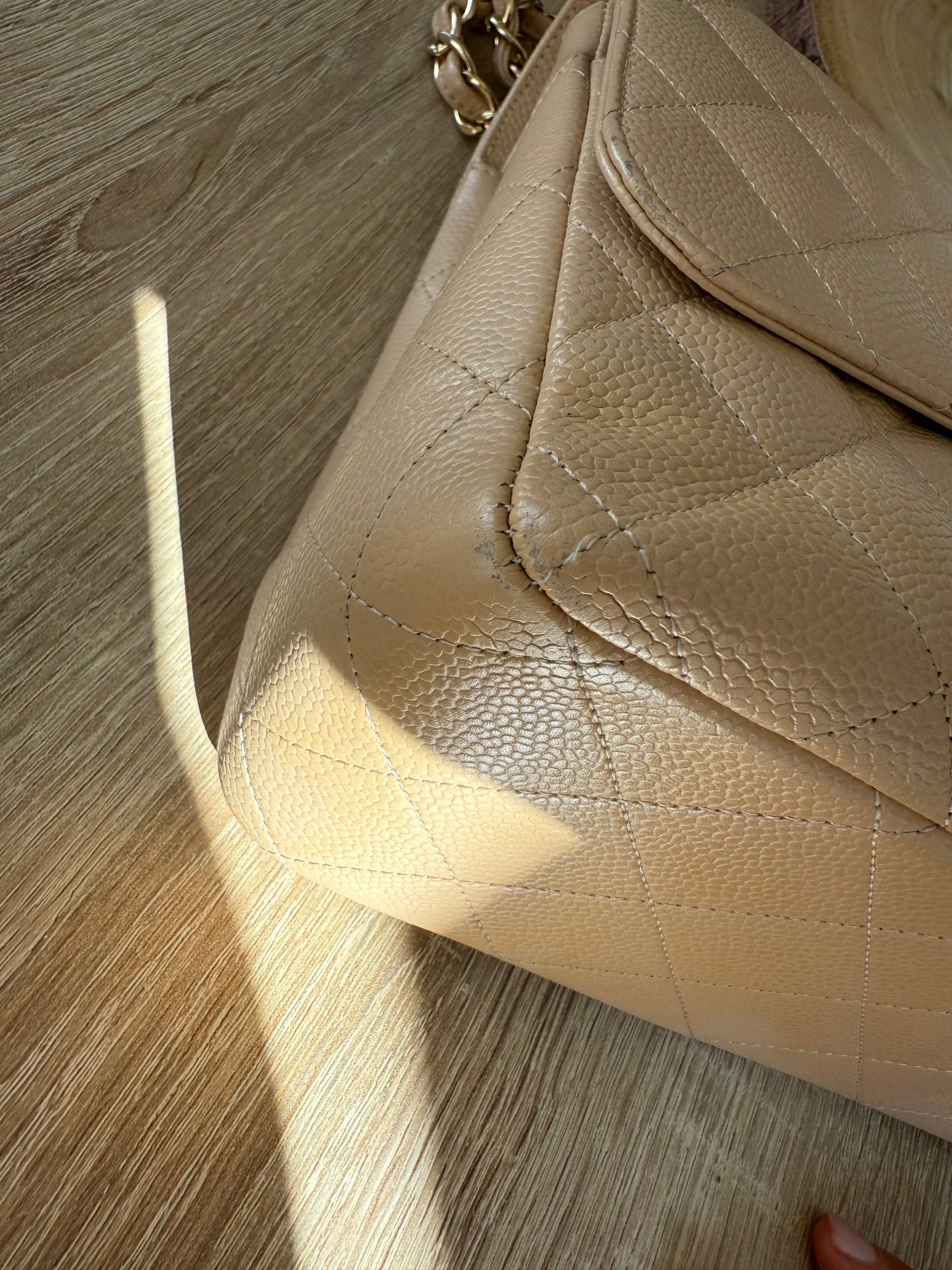 Chanel Classic Double Flap Beige Caviar Leather Jumbo