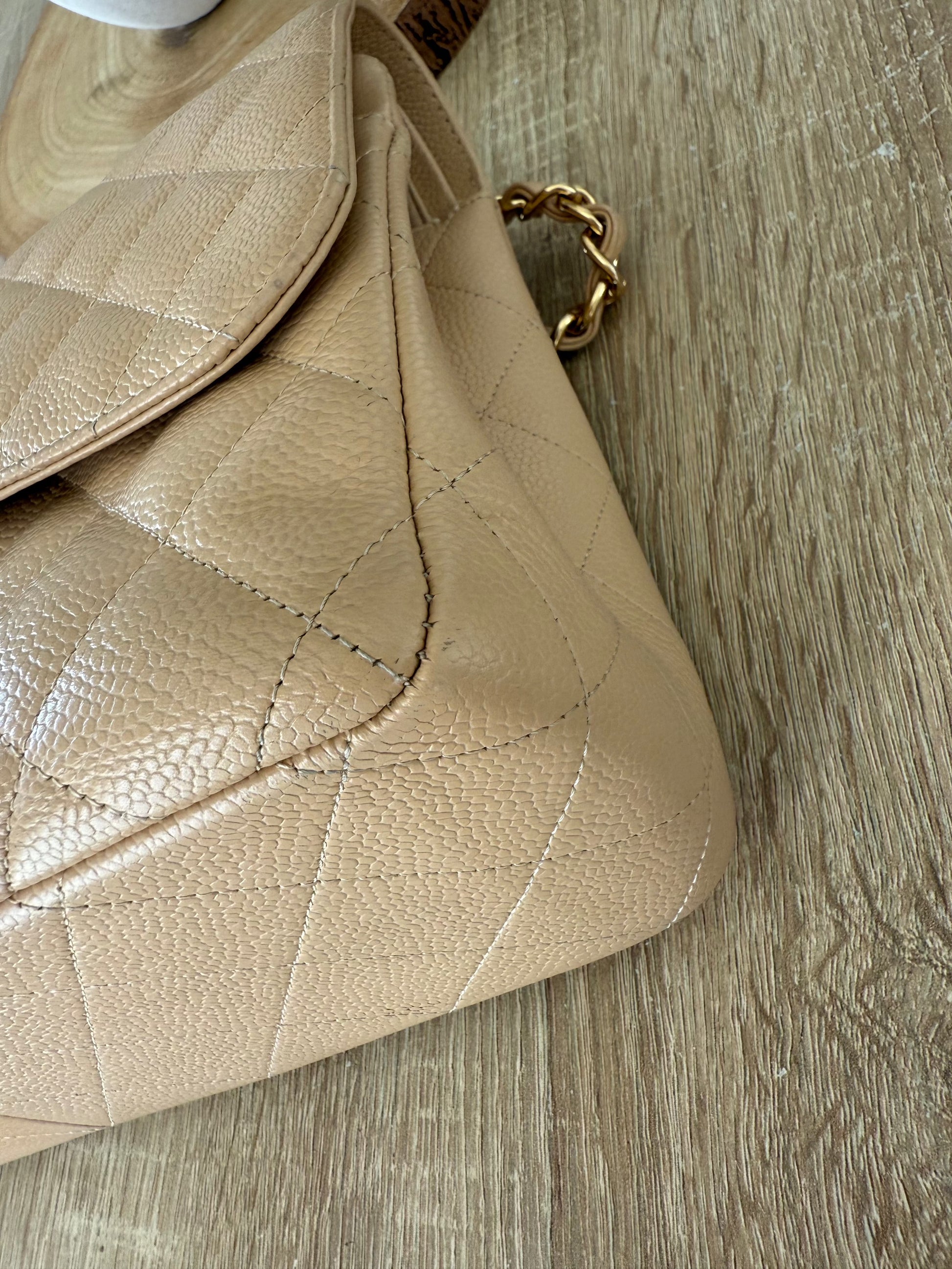 Chanel Classic Double Flap Beige Caviar Leather Jumbo