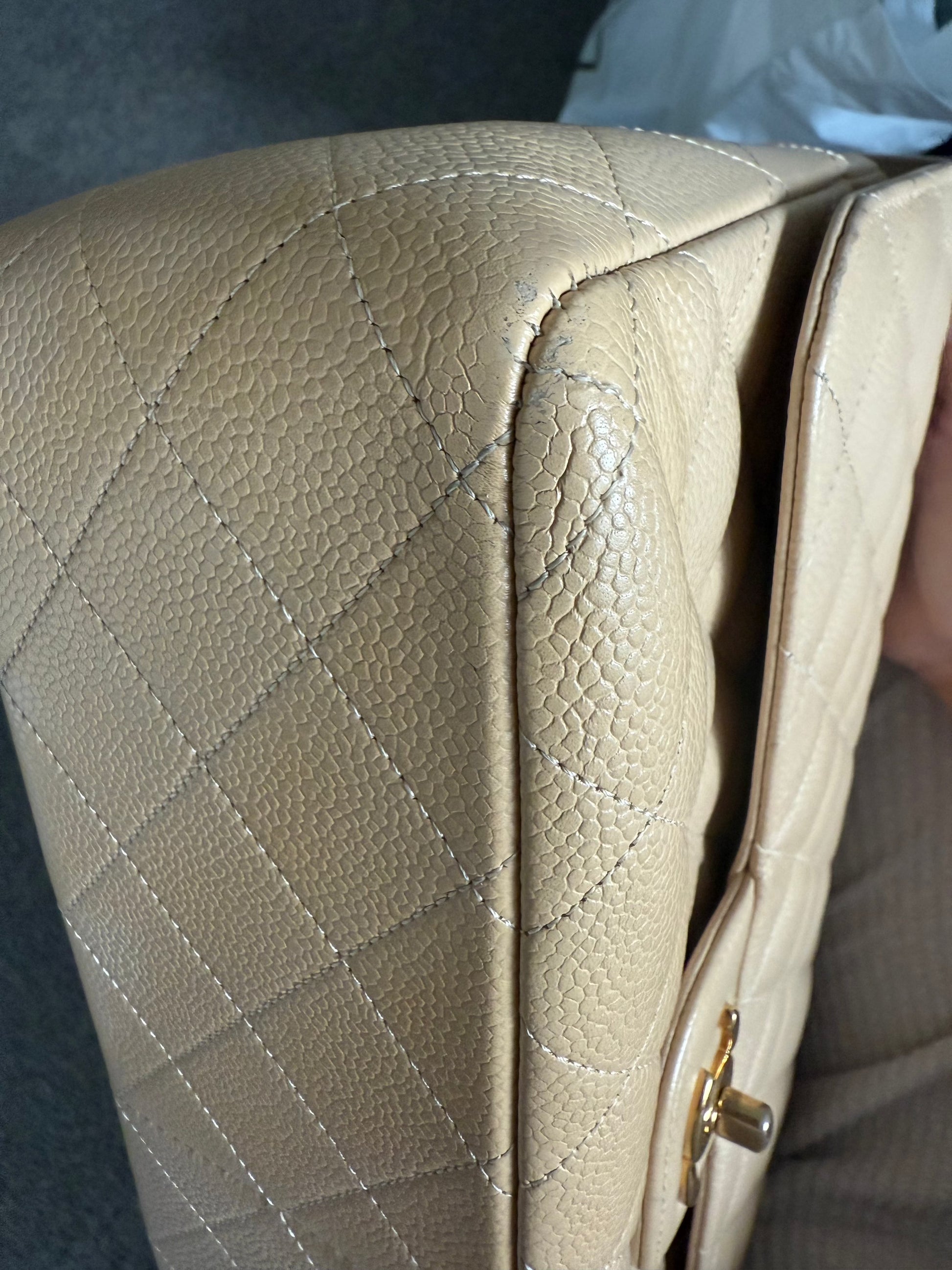 Chanel Classic Double Flap Beige Caviar Leather Jumbo