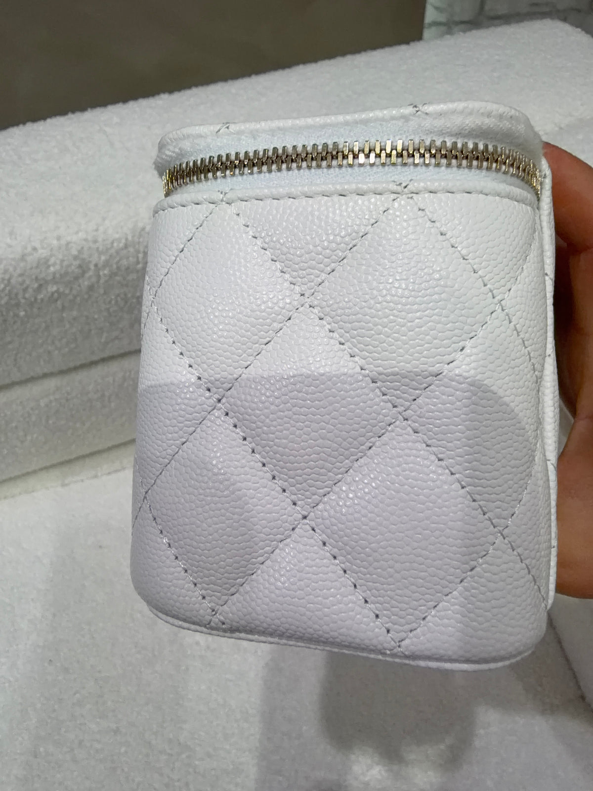 Chanel Vanity Box Bag with Mirror – White Caviar Leather | Light Gold Hardware | Microchipped