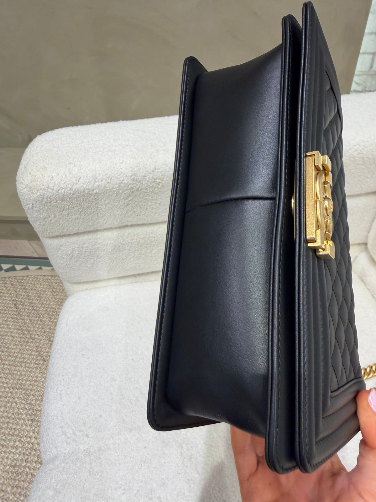 Chanel Boy Bag – Black Quilted Lambskin | Aged Gold Hardware | Microchipped