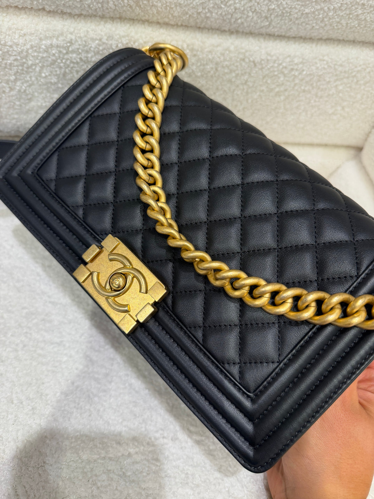 Chanel Boy Bag – Black Quilted Lambskin | Aged Gold Hardware | Microchipped