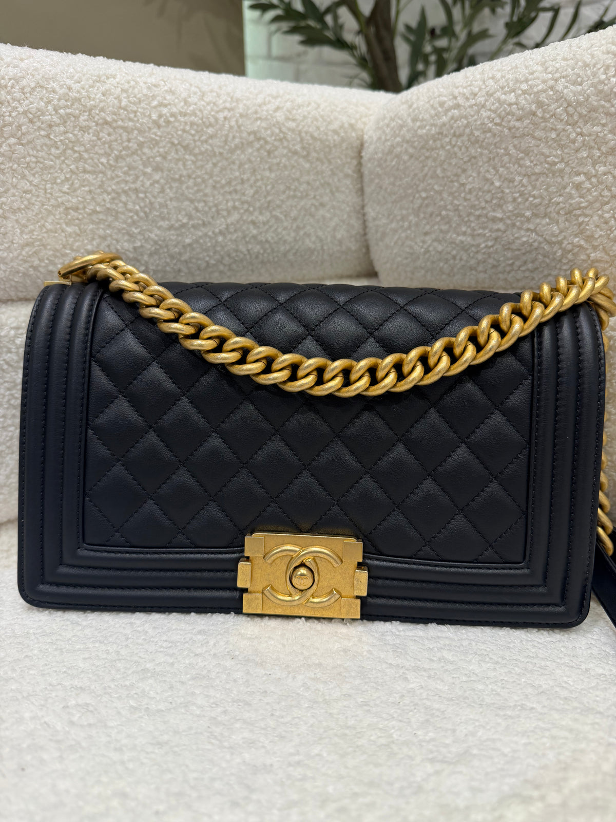 Chanel Boy Bag – Black Quilted Lambskin | Aged Gold Hardware | Microchipped