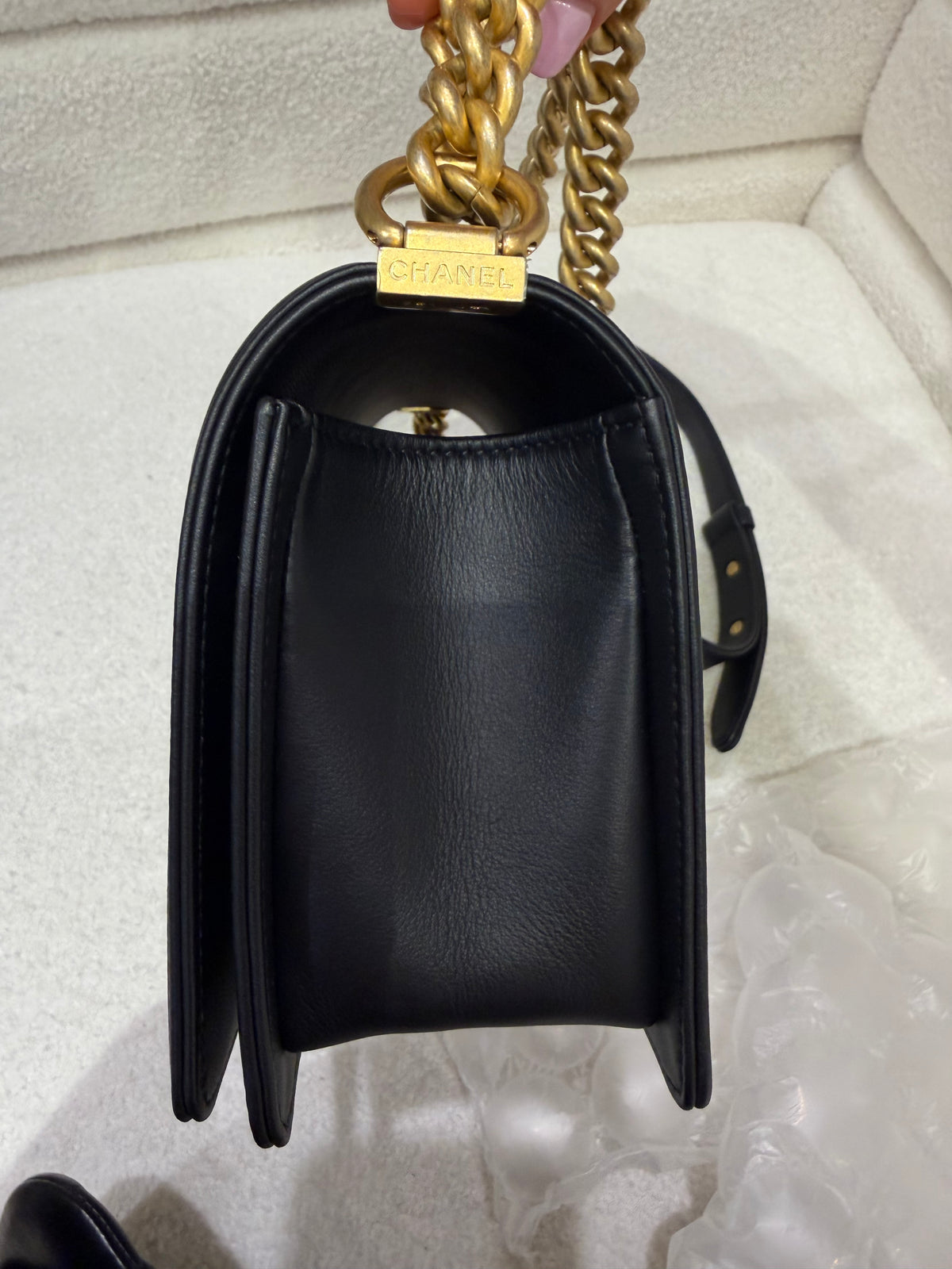 Chanel Boy Bag – Black Quilted Lambskin | Aged Gold Hardware | Microchipped