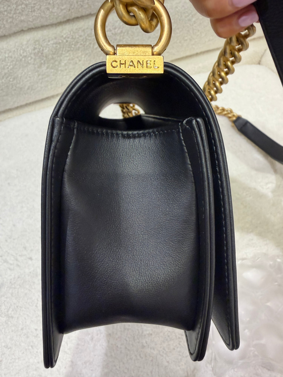 Chanel Boy Bag – Black Quilted Lambskin | Aged Gold Hardware | Microchipped